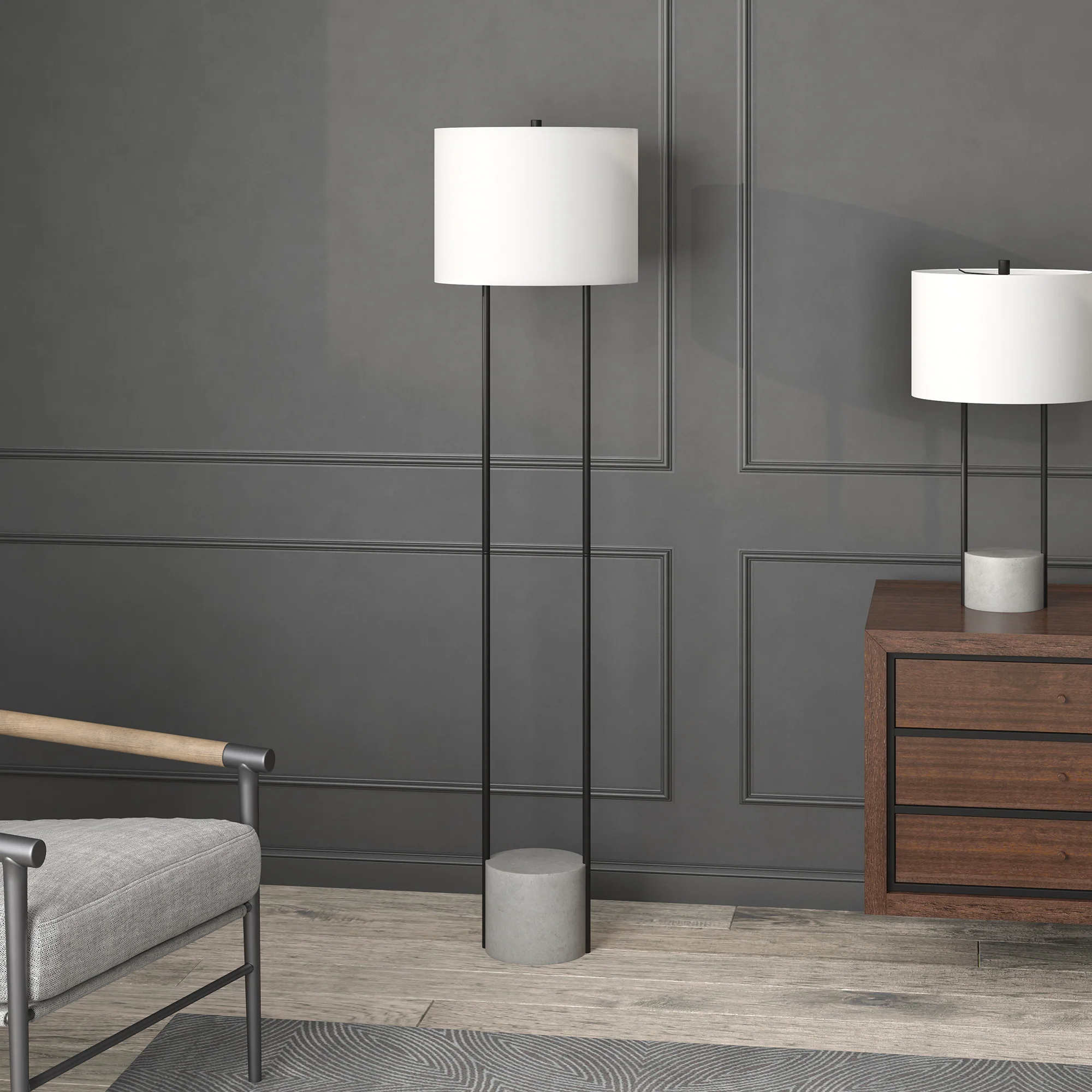 Black Column Floor Lamp With White Frosted Glass Drum Shade By Homeroots - Image 4