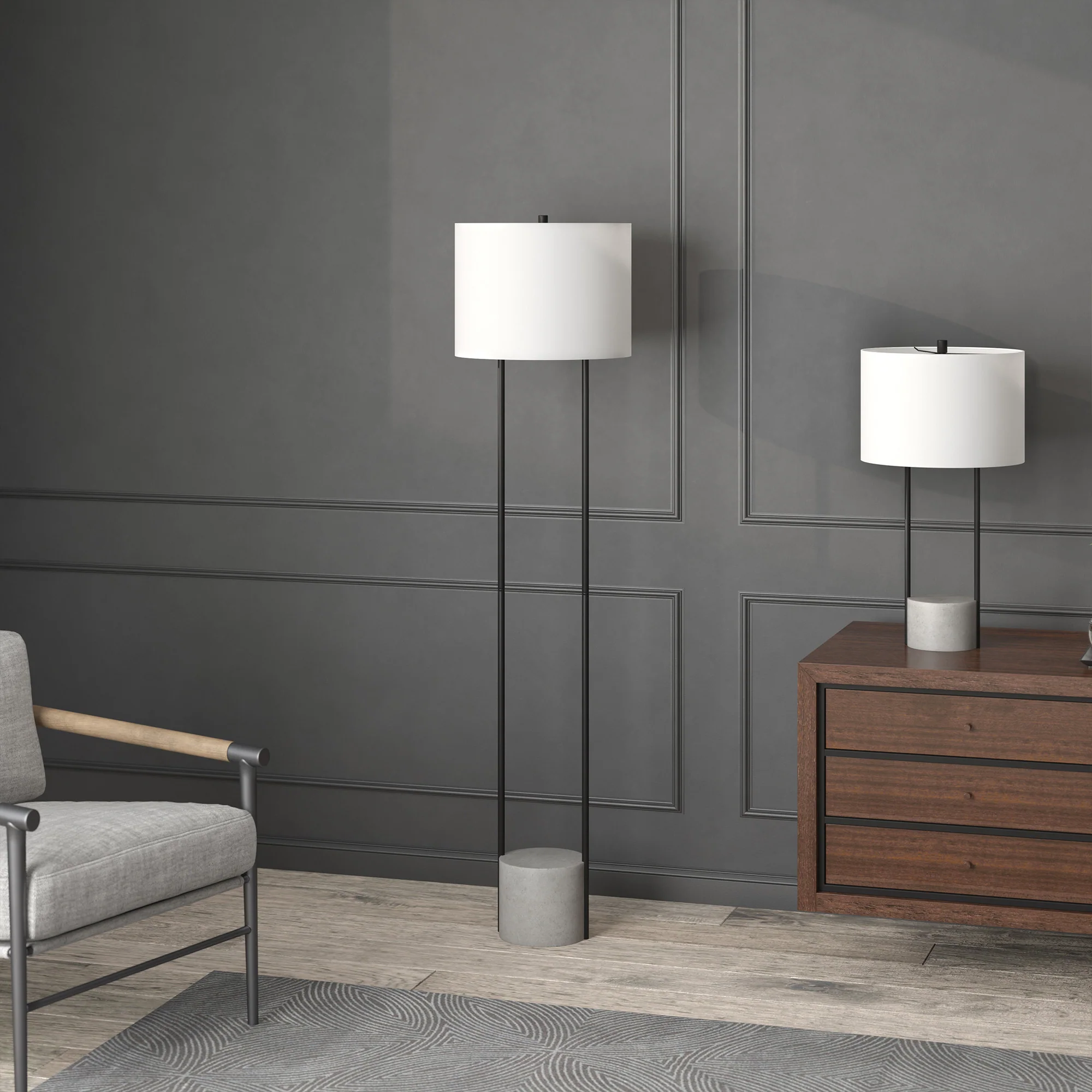 Black Column Floor Lamp With White Frosted Glass Drum Shade By Homeroots - Image 5