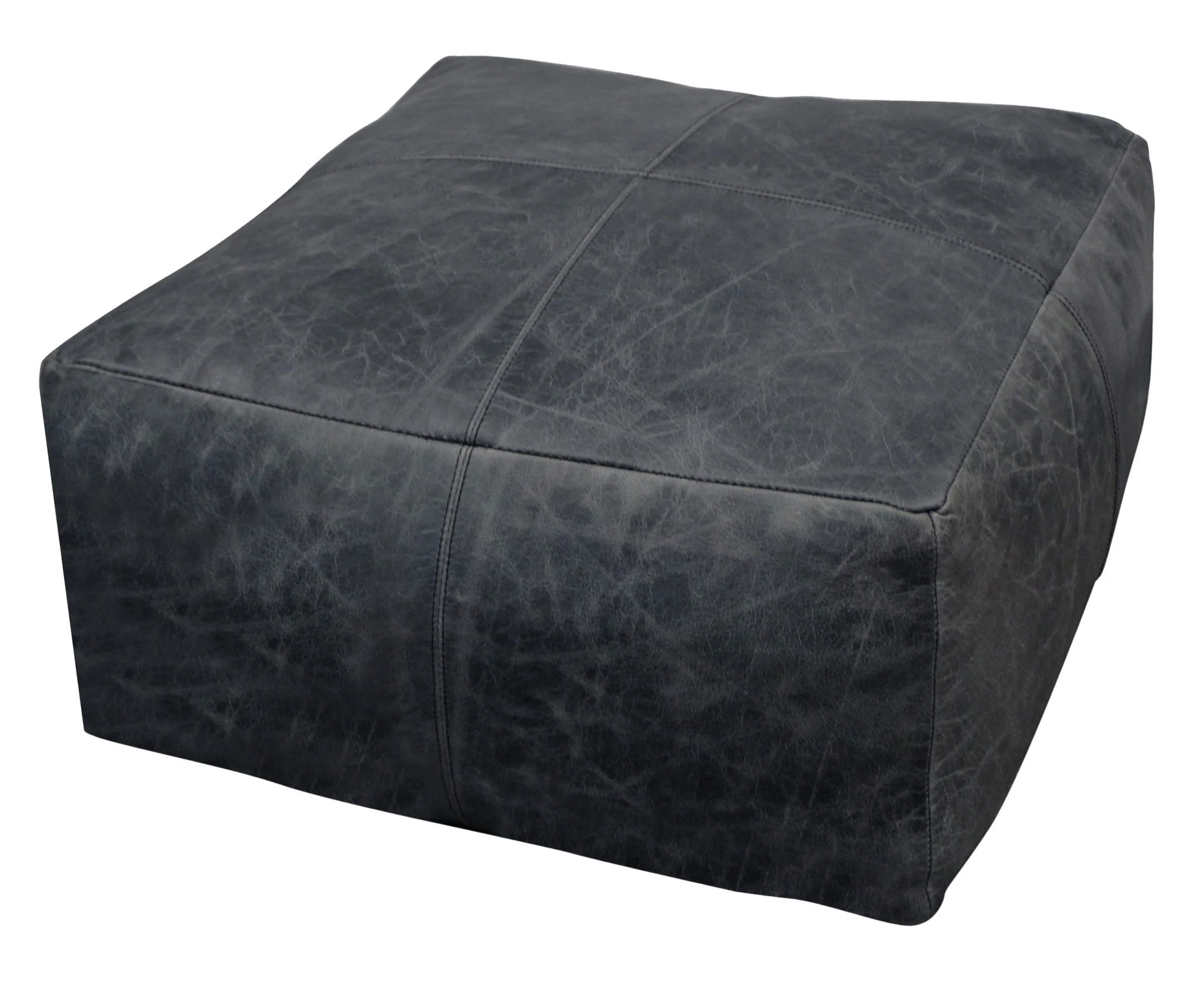Black Distressed Leather Pouf Ottoman By Homeroots - Image 2