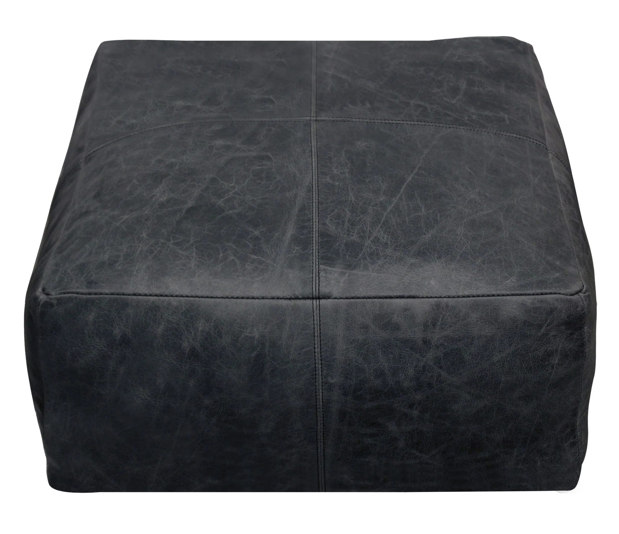 Black Distressed Leather Pouf Ottoman By Homeroots - Image 3