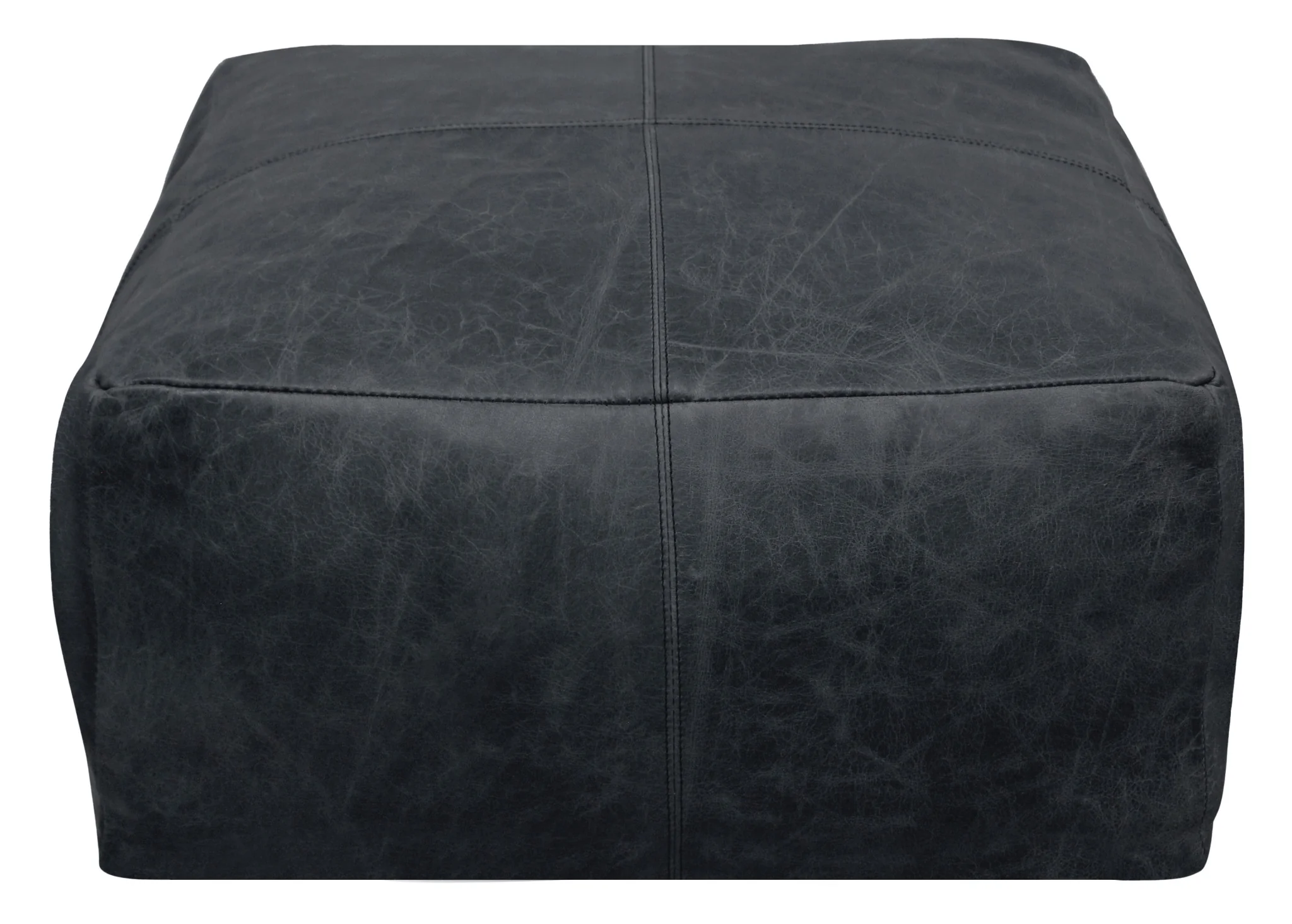 Black Distressed Leather Pouf Ottoman By Homeroots - Image 4