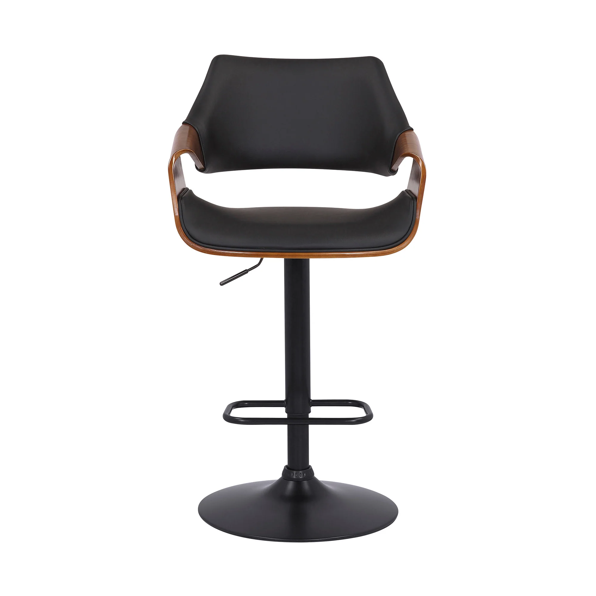 Black Faux Leather and Walnut Wood and Black Swivel Adjustable Bar Stool By Homeroots - Image 2