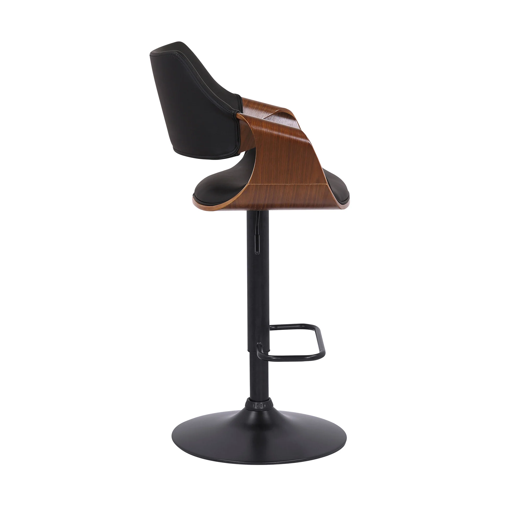 Black Faux Leather and Walnut Wood and Black Swivel Adjustable Bar Stool By Homeroots - Image 3