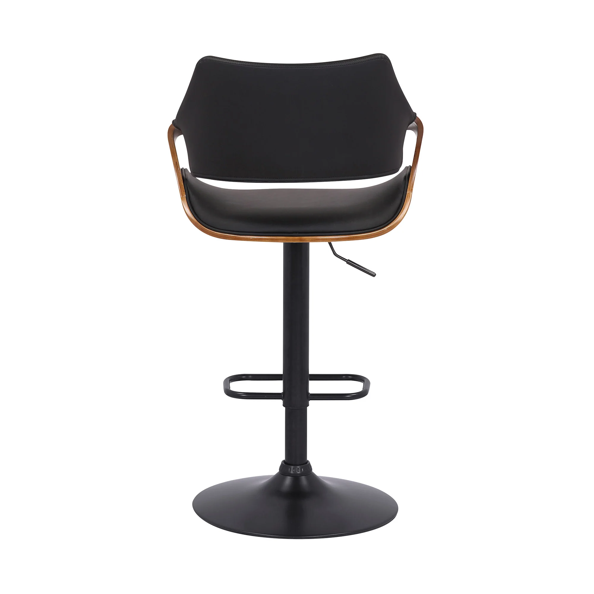 Black Faux Leather and Walnut Wood and Black Swivel Adjustable Bar Stool By Homeroots - Image 5