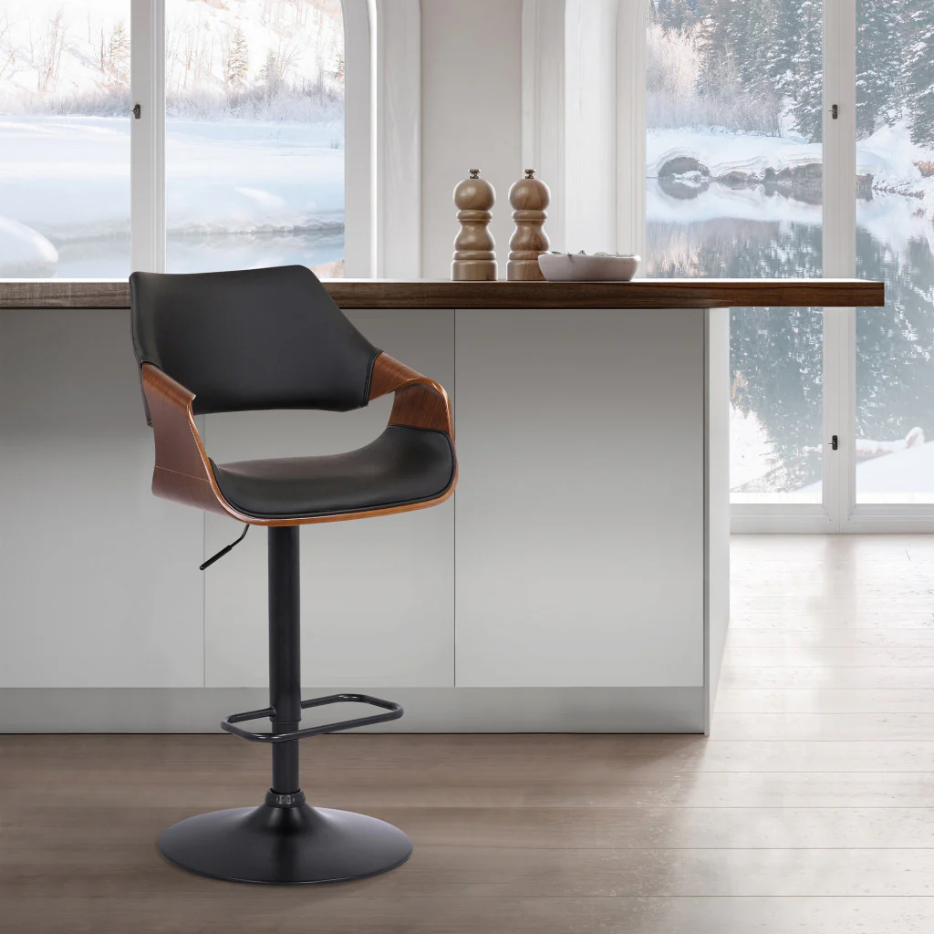 Black Faux Leather and Walnut Wood and Black Swivel Adjustable Bar Stool By Homeroots - Image 8