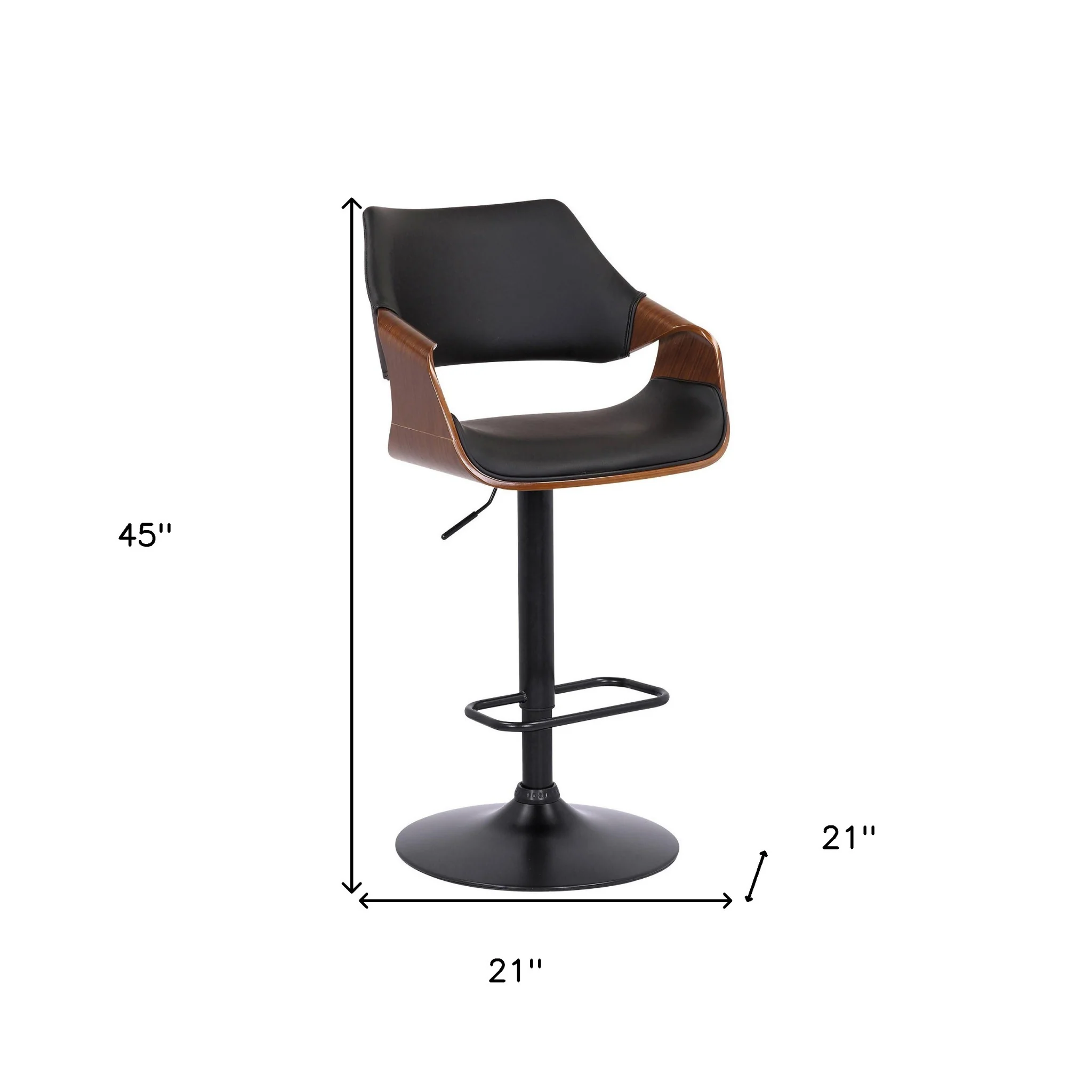 Black Faux Leather and Walnut Wood and Black Swivel Adjustable Bar Stool By Homeroots - Image 9