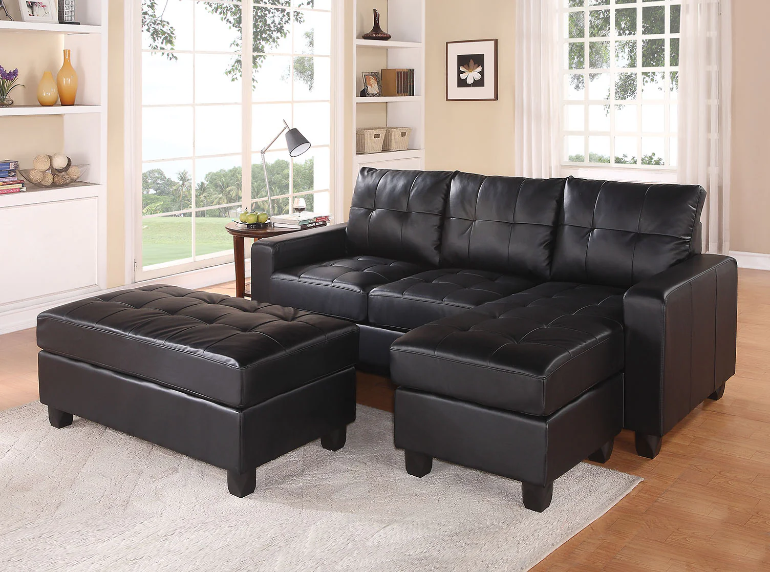 Black Faux Leather Stationary L Shaped Three Piece Sofa And Chaise By Homeroots - Image 4