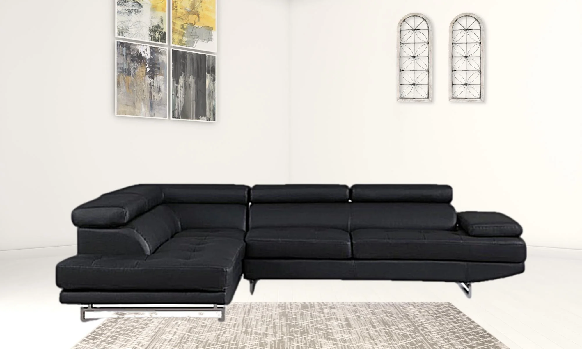 Black Faux Leather Stationary L Shaped Two Piece Sofa And Chaise By Homeroots - Image 3