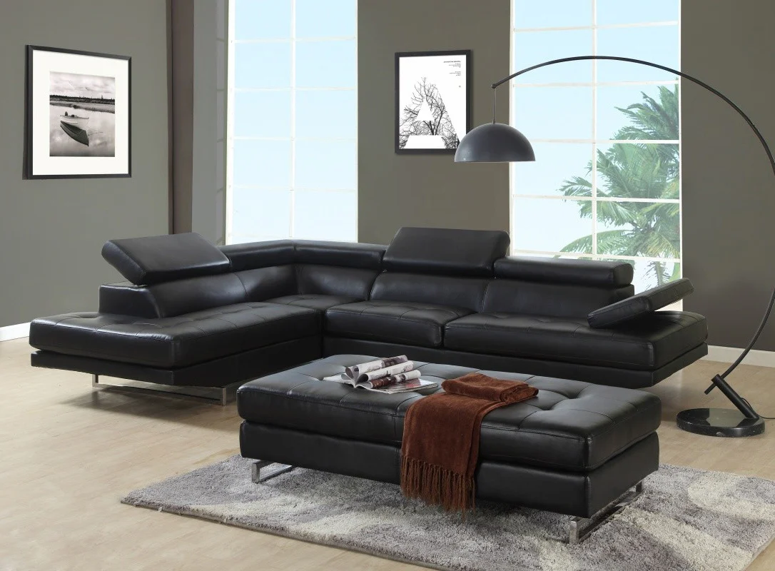 Black Faux Leather Stationary L Shaped Two Piece Sofa And Chaise By Homeroots - Image 4