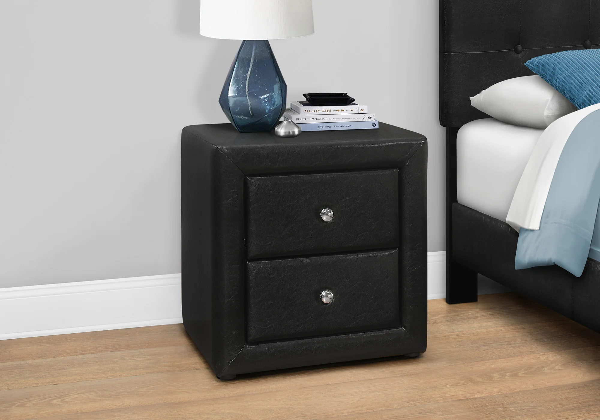 Black Faux Leather Two Drawer Nightstand By Homeroots - Image 3
