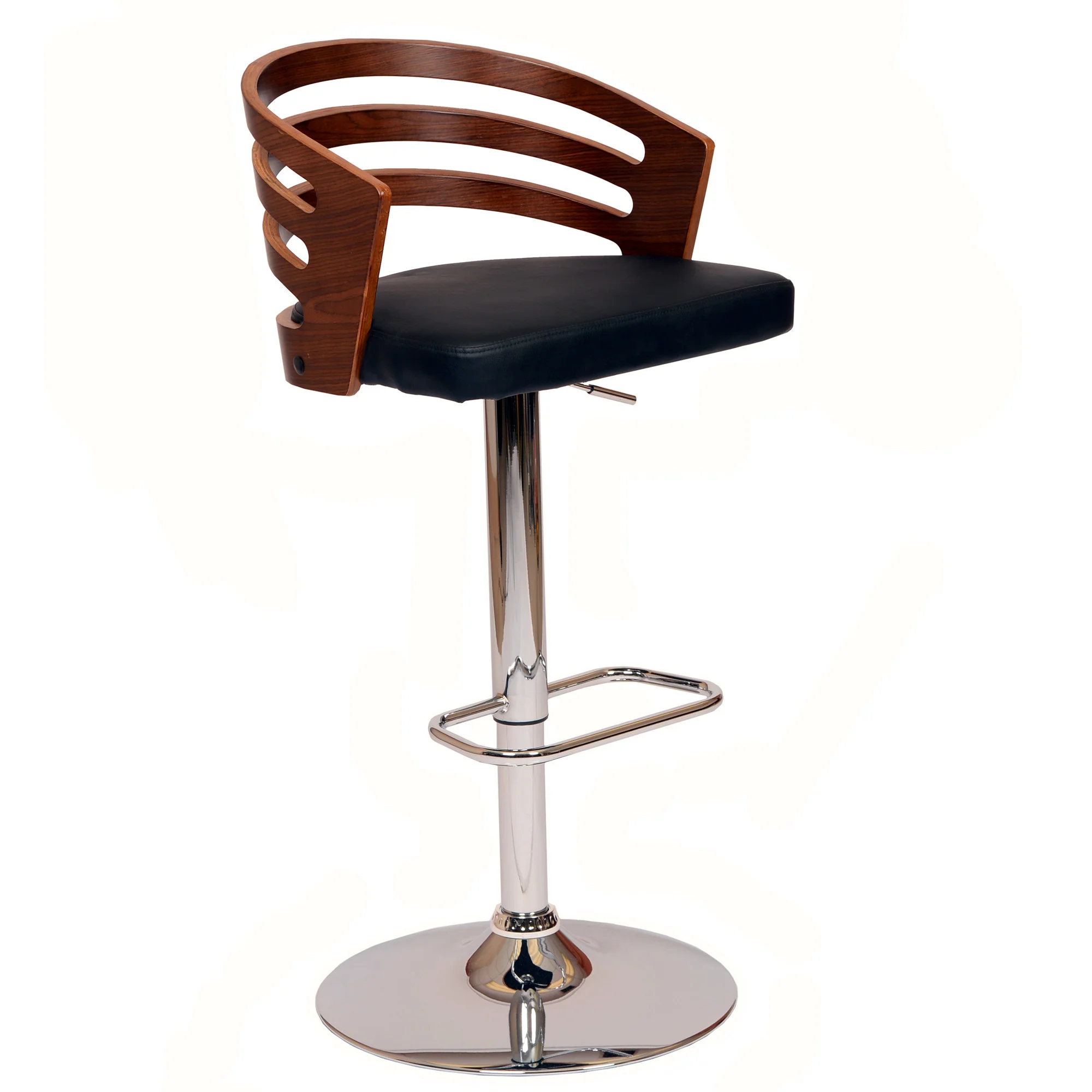 Black Faux Leather Walnut and Chrome Adjustable Swivel Bar Stool By Homeroots - Image 2