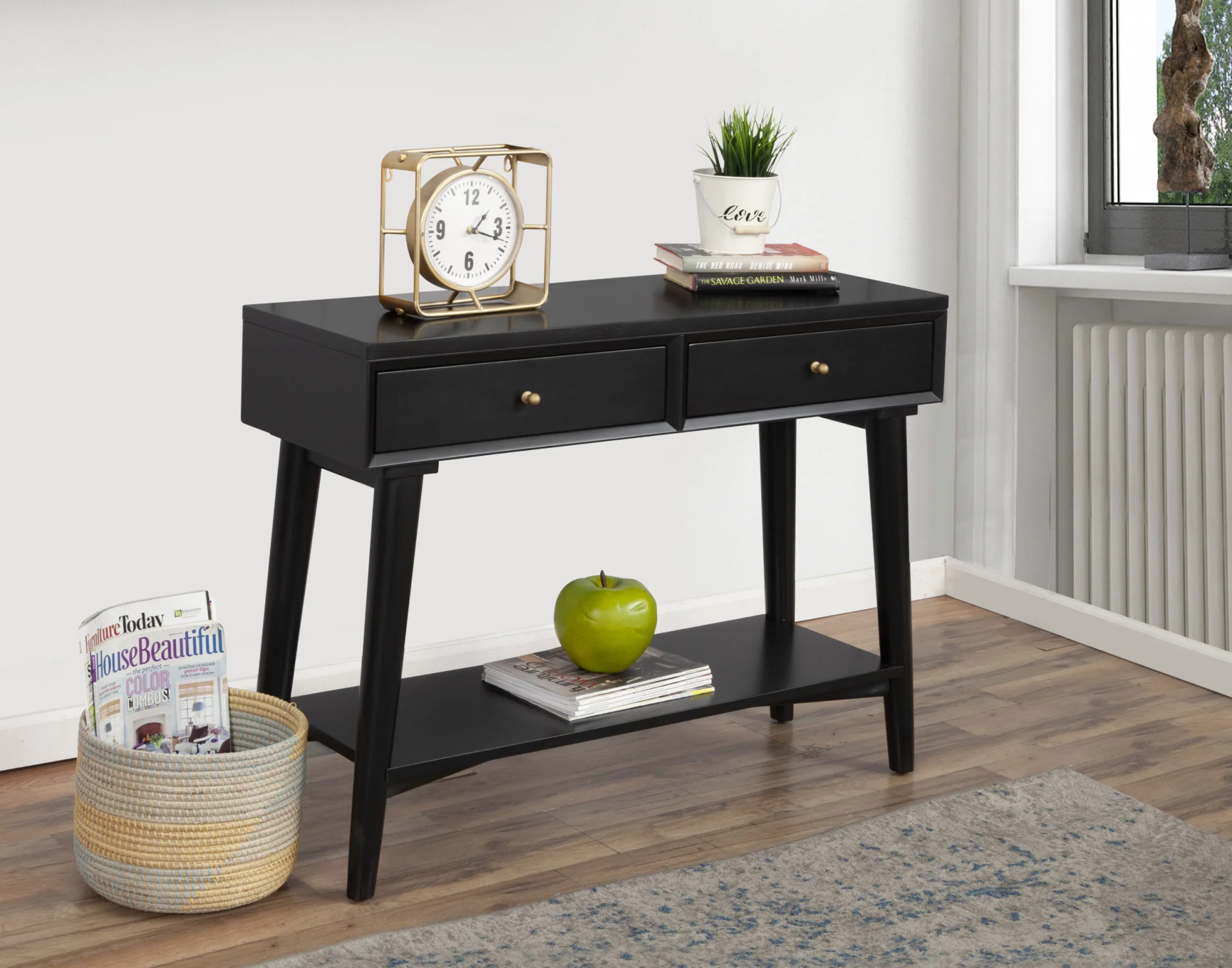 Black Floor Shelf Console Table With Shelves And Drawers By Homeroots - Image 4