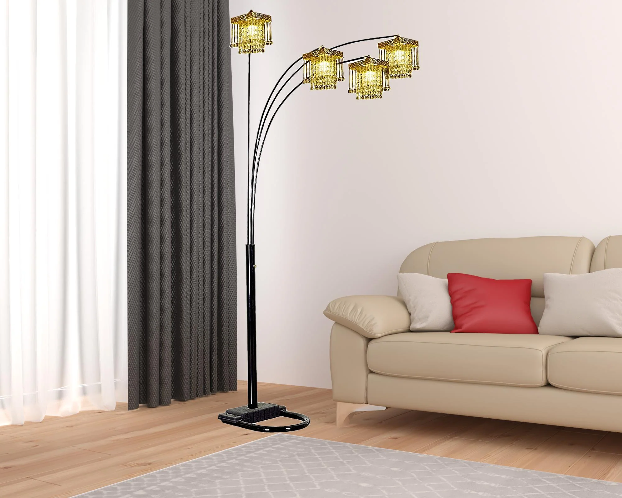 Black Four Light Arc Floor Lamp With Clear Crystal Glass Chandelier Shade By Homeroots - Image 3