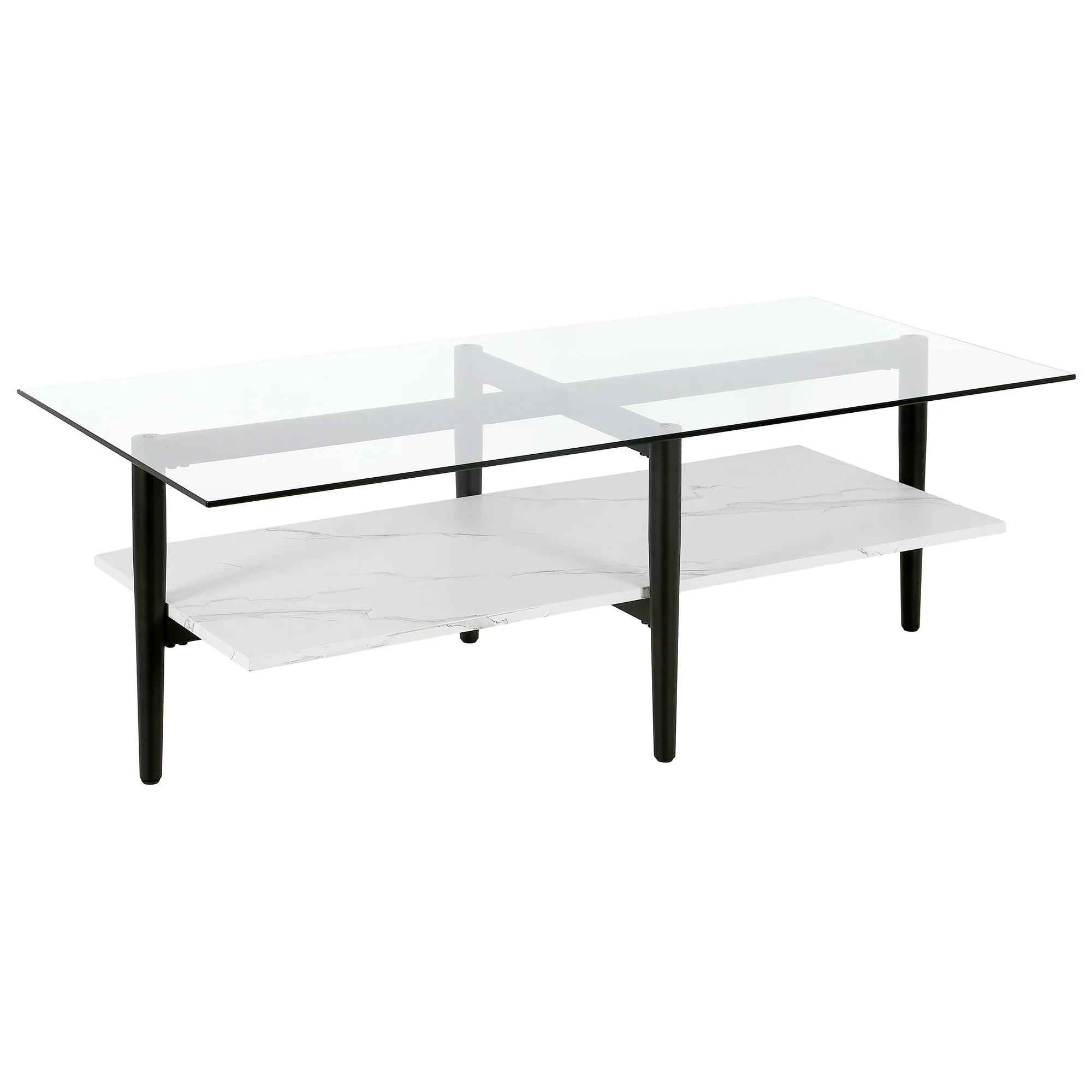 Black Glass And Steel Coffee Table With Shelf By Homeroots - Image 3
