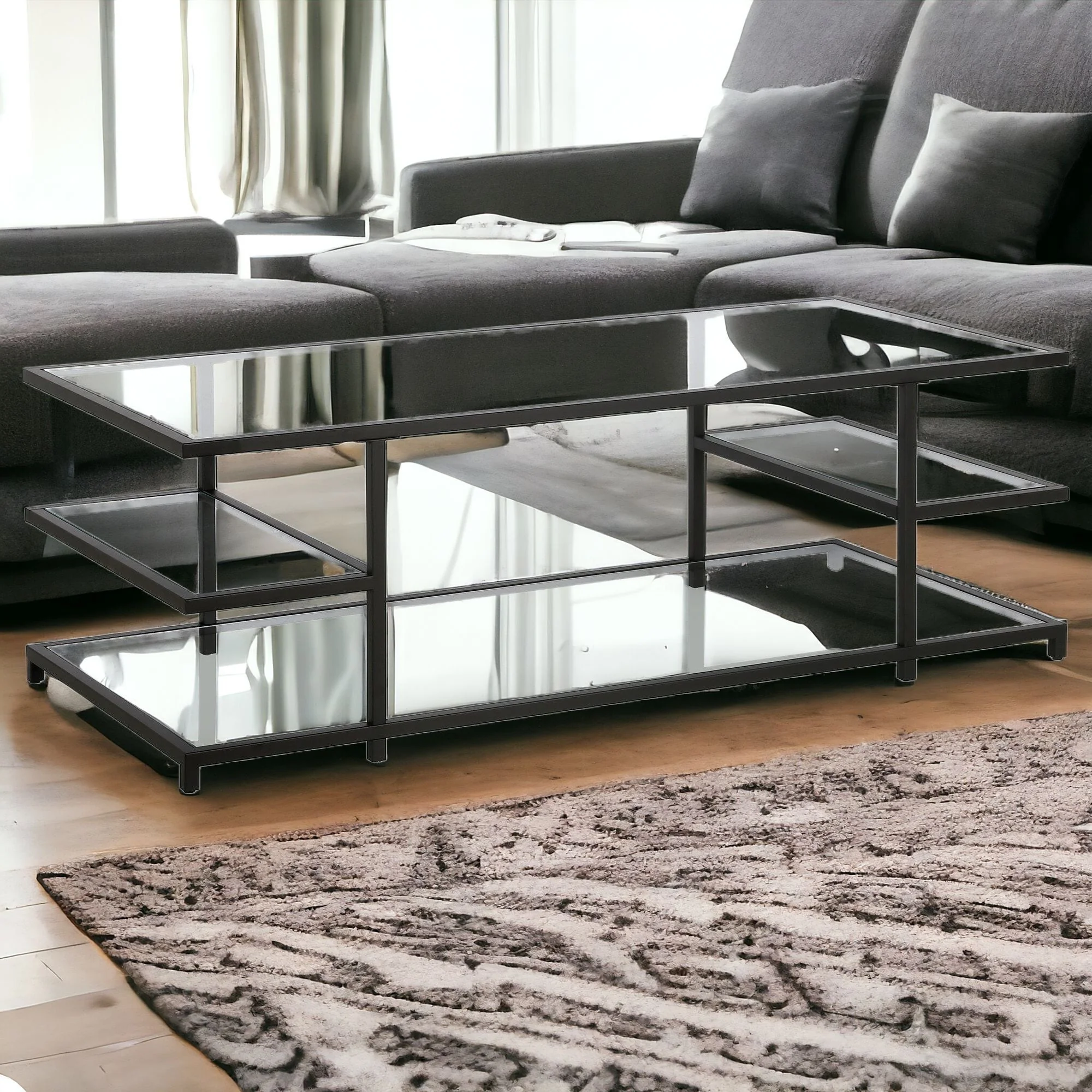 Black Glass And Steel Coffee Table With Three Shelves By Homeroots - Image 2