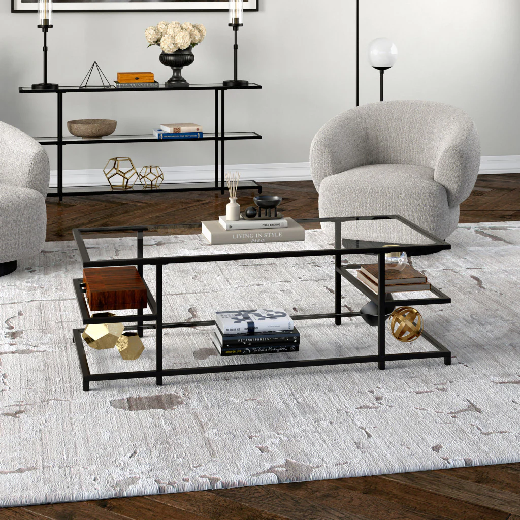 Black Glass And Steel Coffee Table With Three Shelves By Homeroots - Image 4