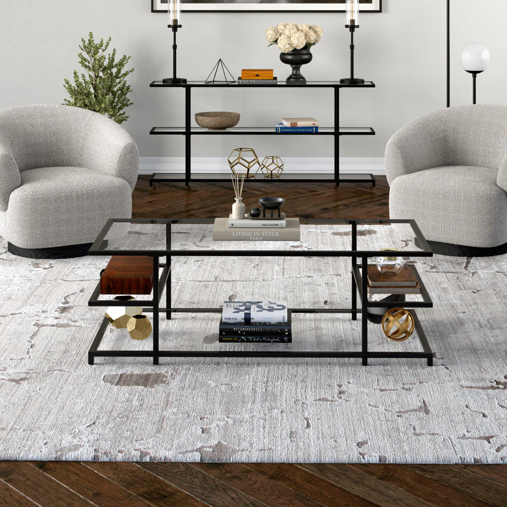 Black Glass And Steel Coffee Table With Three Shelves By Homeroots - Image 7