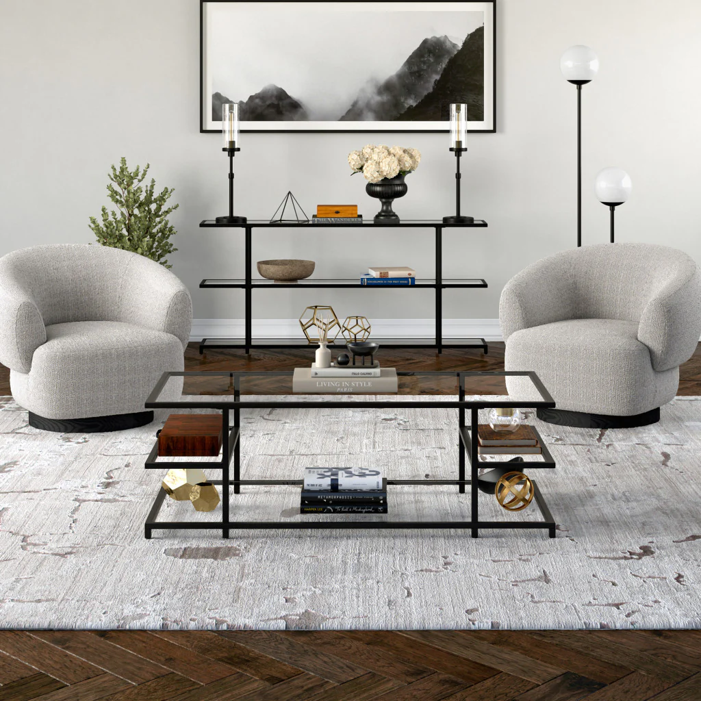 Black Glass And Steel Coffee Table With Three Shelves By Homeroots - Image 8