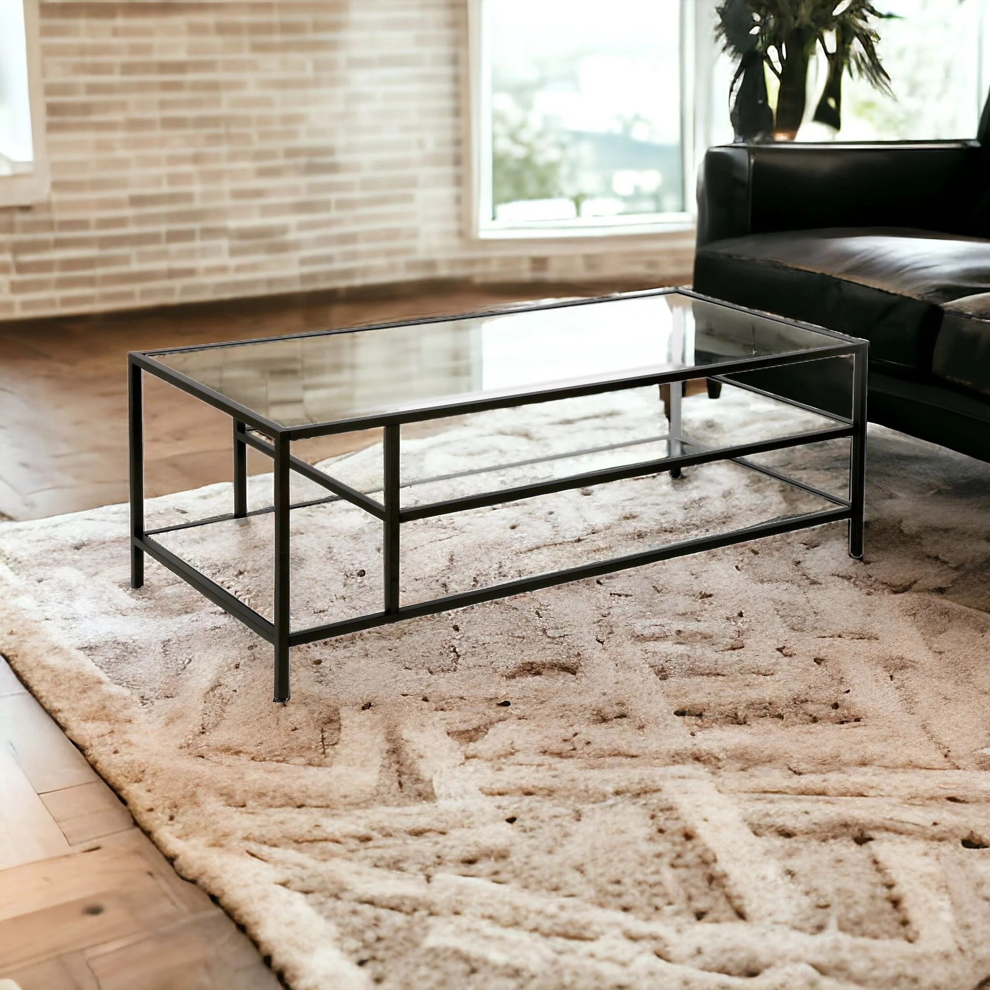 Black Glass And Steel Coffee Table With Two Shelves By Homeroots - Image 2