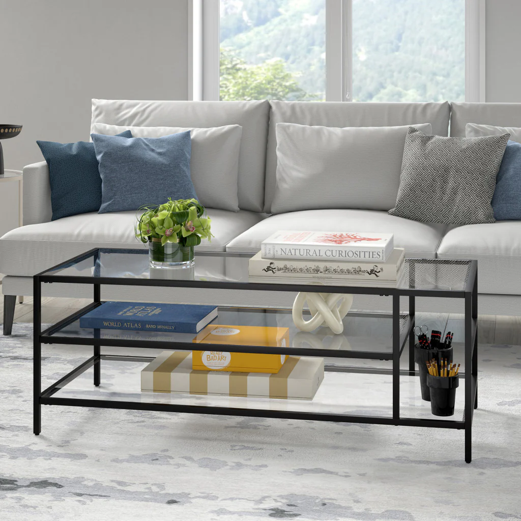 Black Glass And Steel Coffee Table With Two Shelves By Homeroots - Image 7
