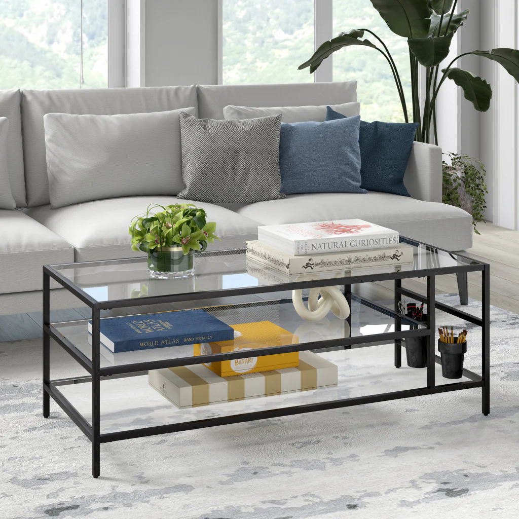 Black Glass And Steel Coffee Table With Two Shelves By Homeroots - Image 8