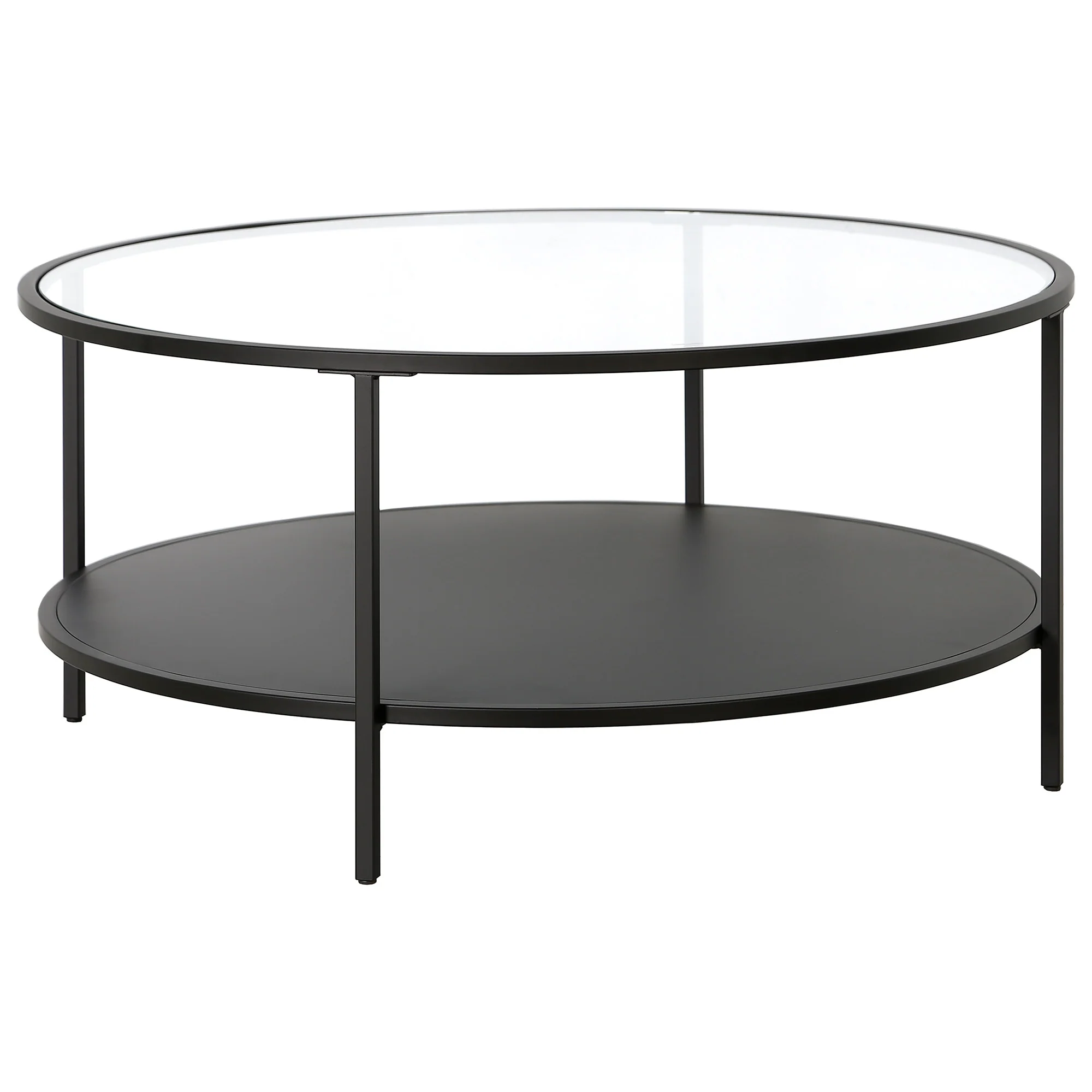 Black Glass And Steel Round Coffee Table With Shelf By Homeroots - Image 2