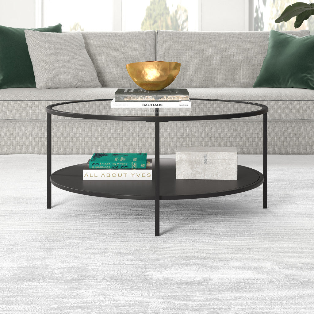 Black Glass And Steel Round Coffee Table With Shelf By Homeroots - Image 5