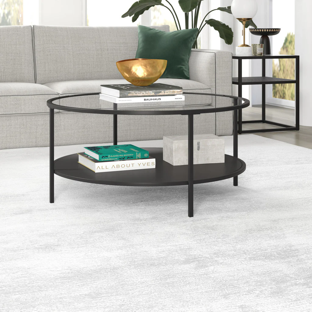 Black Glass And Steel Round Coffee Table With Shelf By Homeroots - Image 6