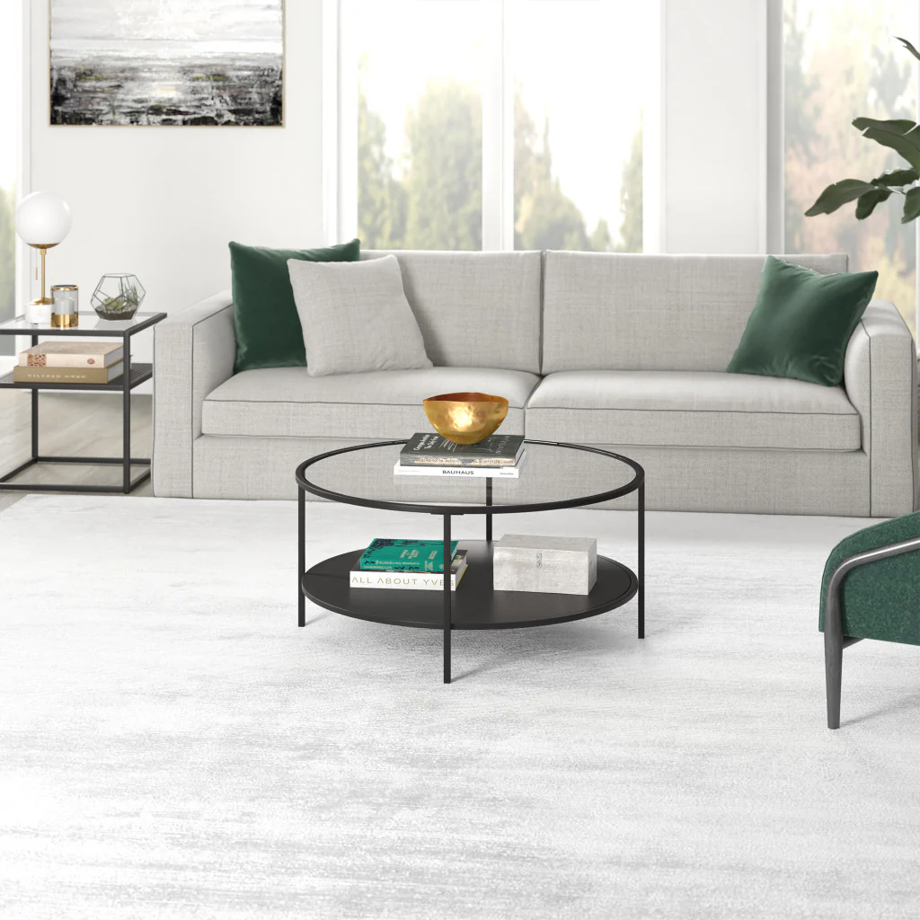 Black Glass And Steel Round Coffee Table With Shelf By Homeroots - Image 7