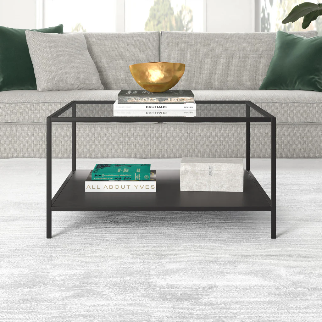 Black Glass And Steel Square Coffee Table With Shelf By Homeroots - Image 4