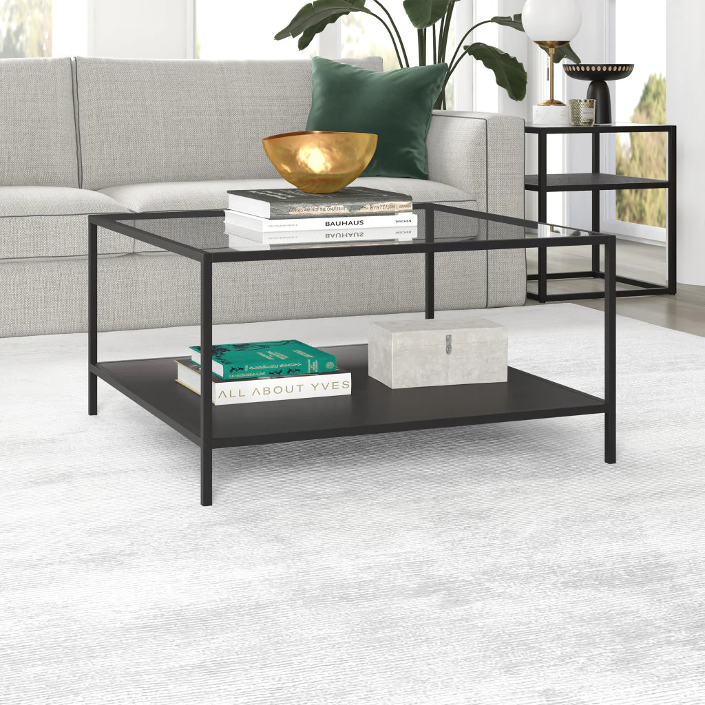 Black Glass And Steel Square Coffee Table With Shelf By Homeroots - Image 5