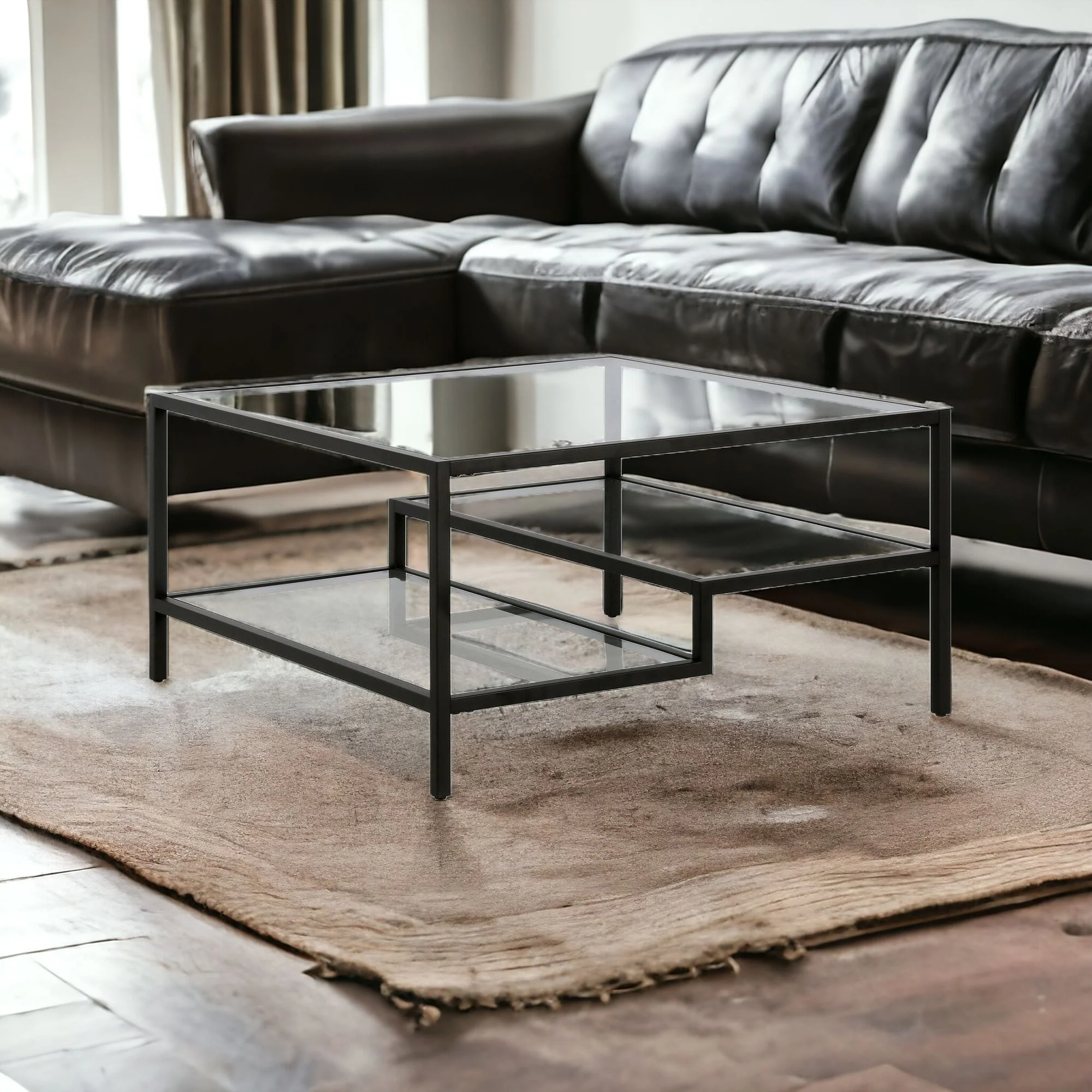 Black Glass And Steel Square Coffee Table With Two Shelves By Homeroots - Image 2