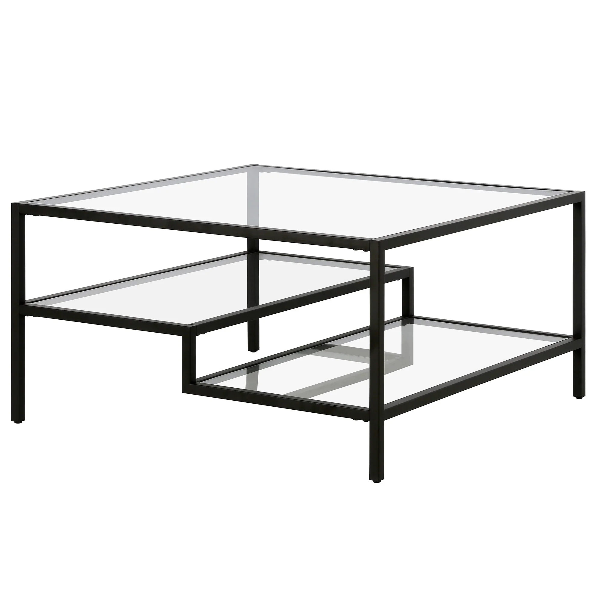 Black Glass And Steel Square Coffee Table With Two Shelves By Homeroots - Image 4