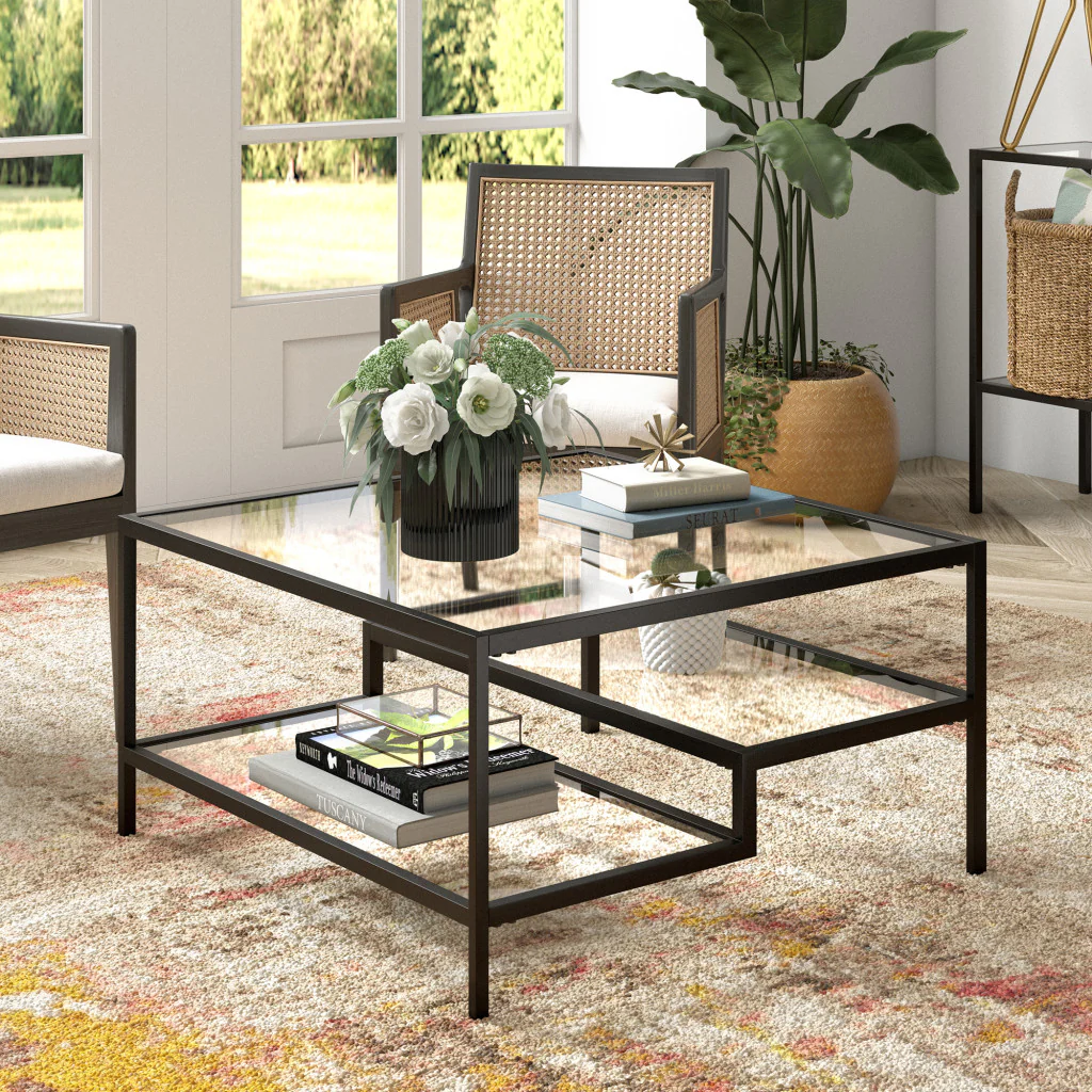 Black Glass And Steel Square Coffee Table With Two Shelves By Homeroots - Image 5