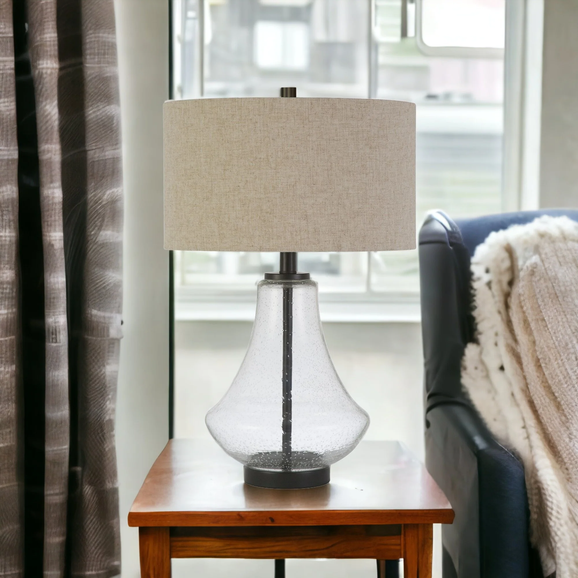 Black Glass Table Lamp With Flax Drum Shade By Homeroots - Image 2
