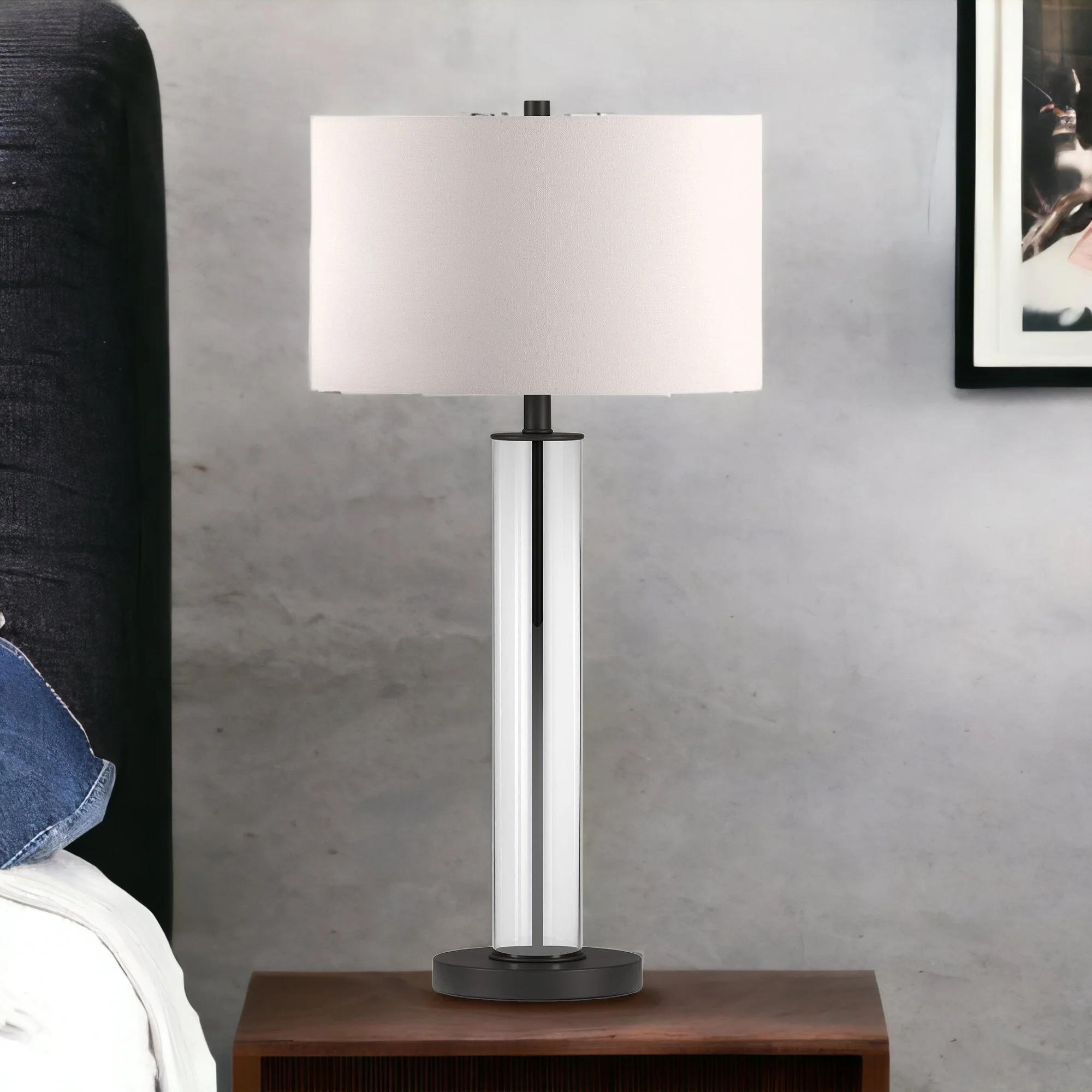 Black Glass Table Lamp With White Drum Shade By Homeroots - Image 2
