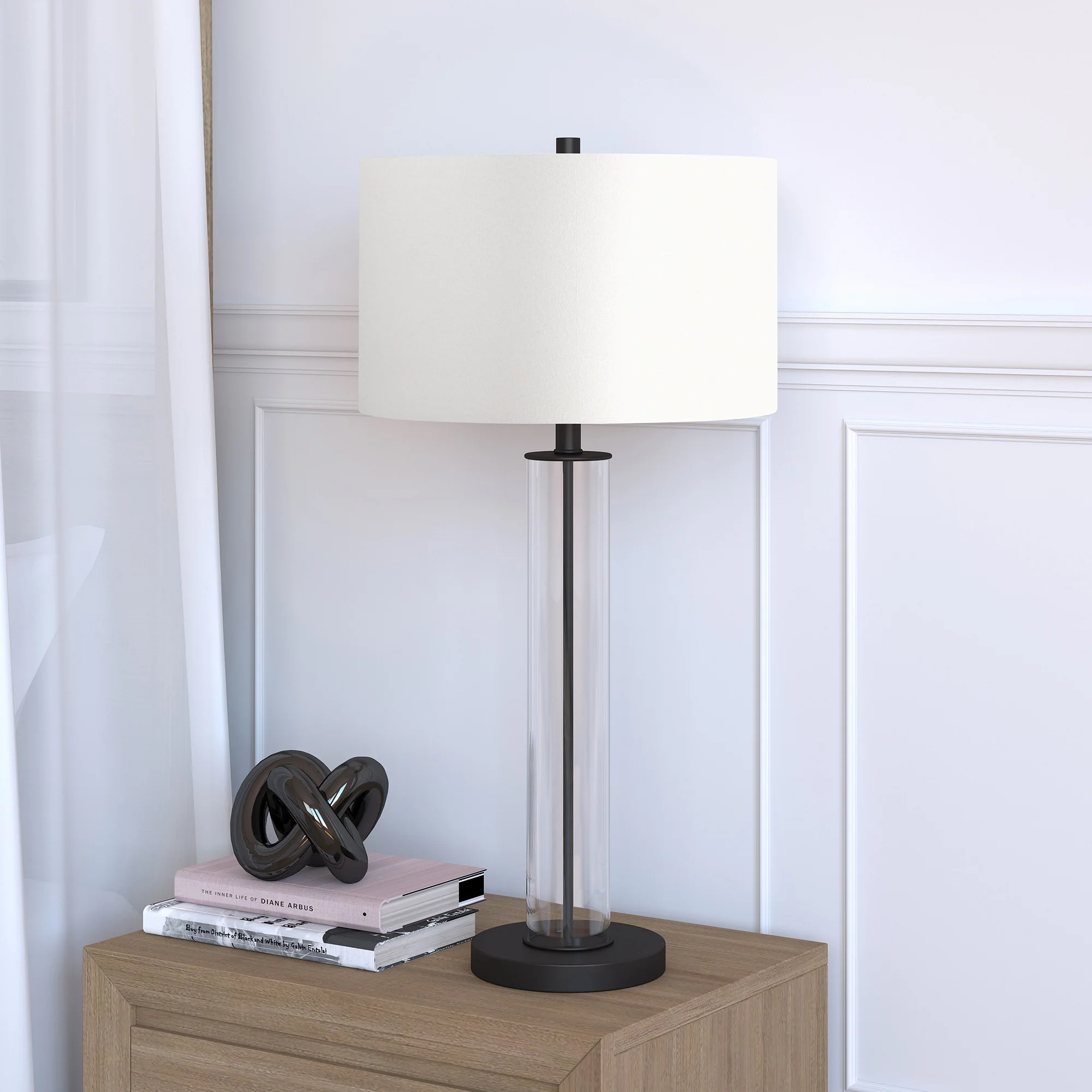 Black Glass Table Lamp With White Drum Shade By Homeroots - Image 3