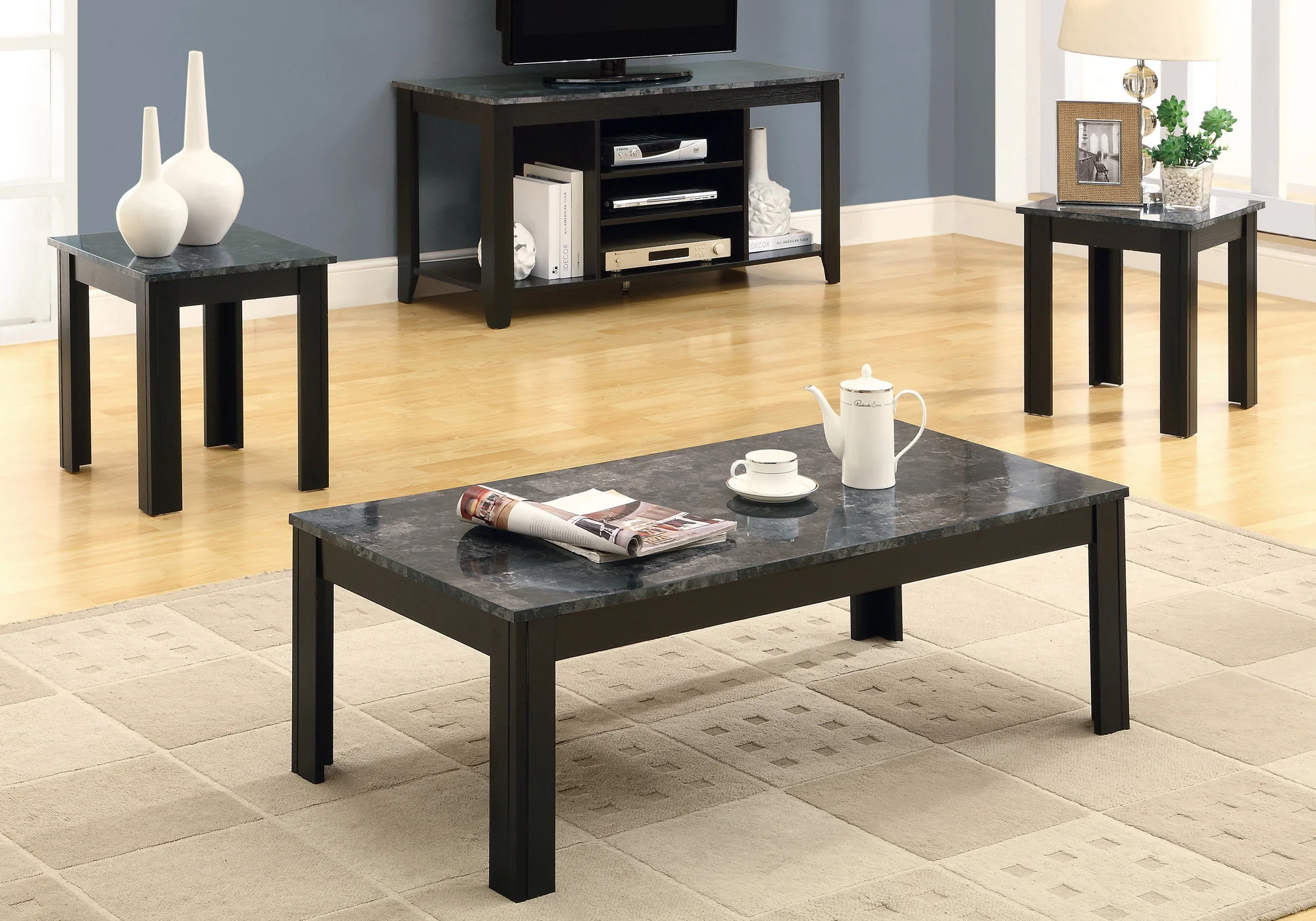 Black Grey Marble-Look Top Table Set - 3Pcs Set By Homeroots - Image 5