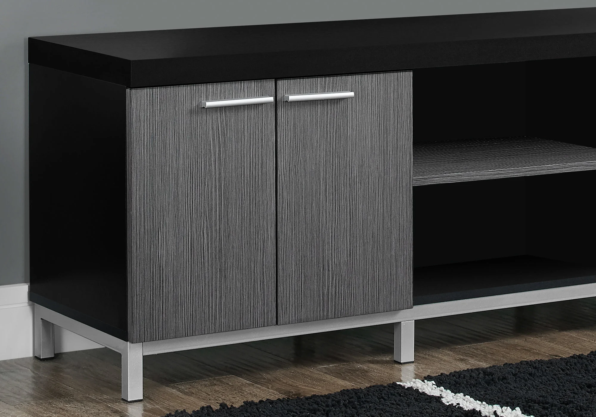 Black Grey Silver Particle Board Hollow Core Metal TV Stand By Homeroots - Image 2