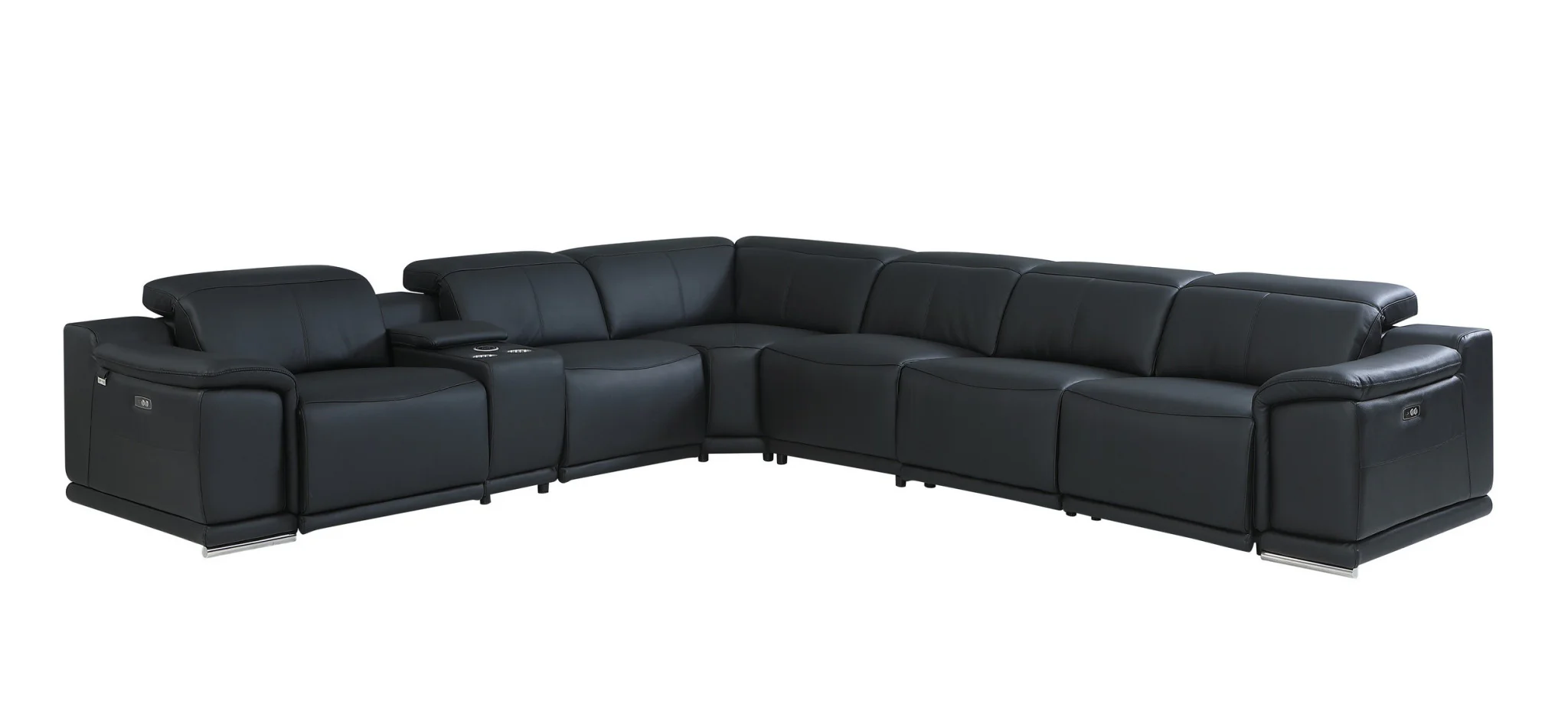 Black Italian Leather Power Reclining L Shaped Seven Piece Corner Sectional With Console By Homeroots - Image 3