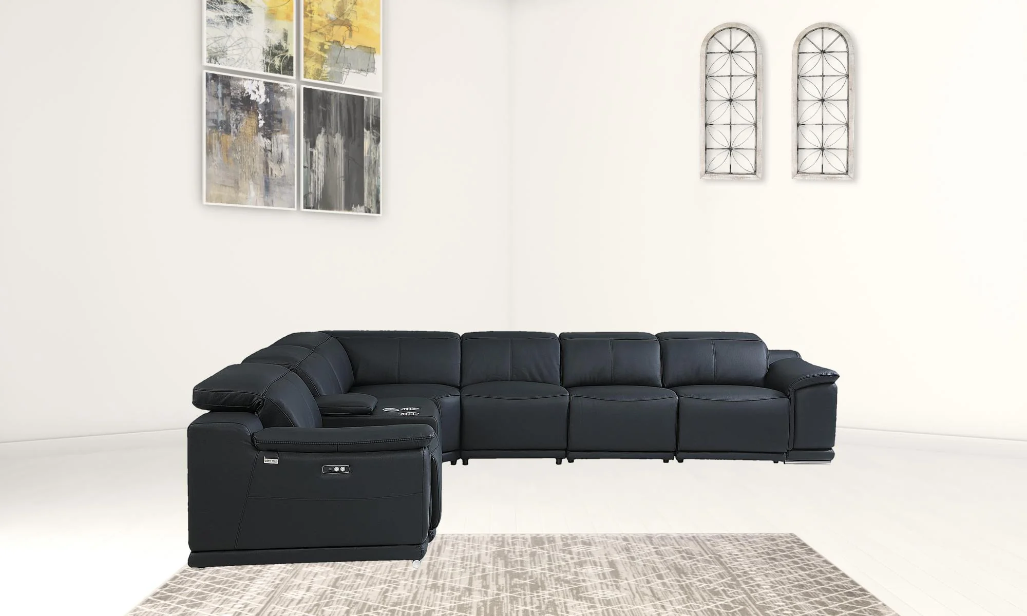 Black Italian Leather Power Reclining L Shaped Seven Piece Corner Sectional With Console By Homeroots - Image 5