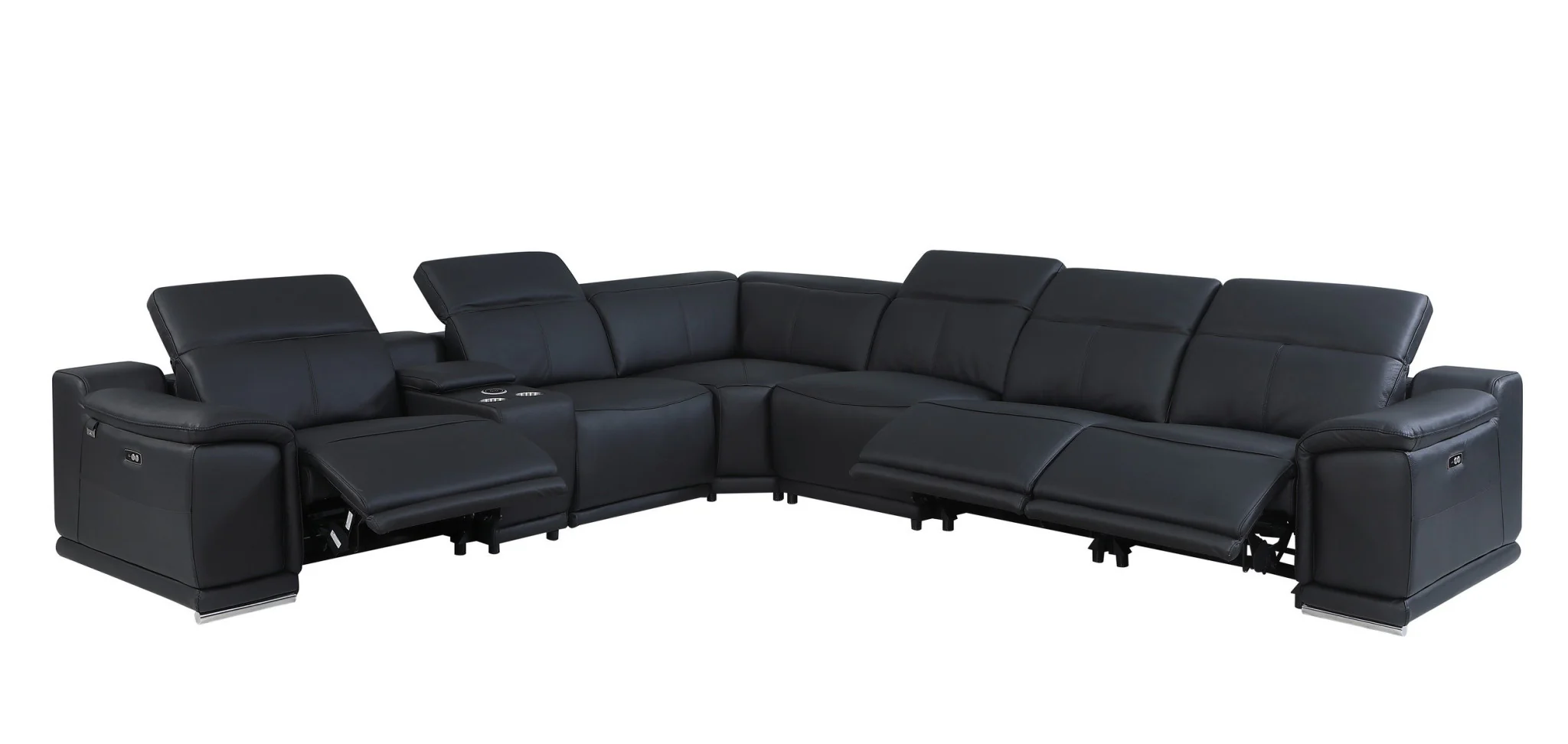 Black Italian Leather Power Reclining L Shaped Seven Piece Corner Sectional With Console By Homeroots - Image 6