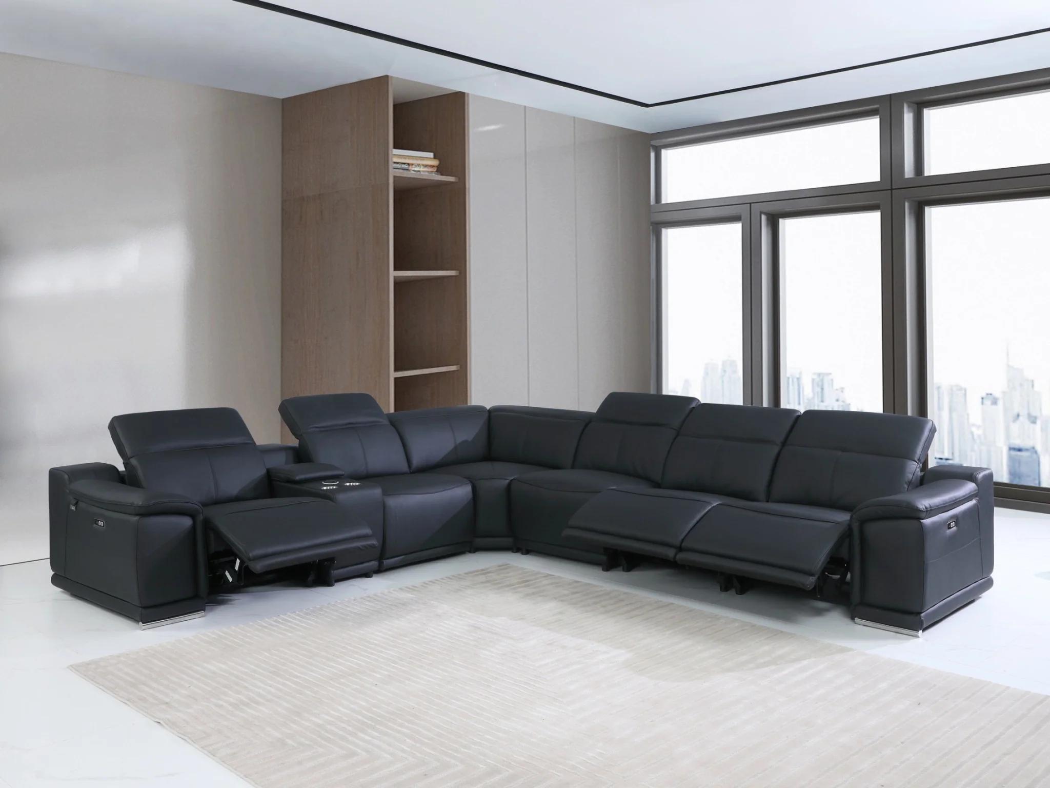 Black Italian Leather Power Reclining L Shaped Seven Piece Corner Sectional With Console By Homeroots - Image 9