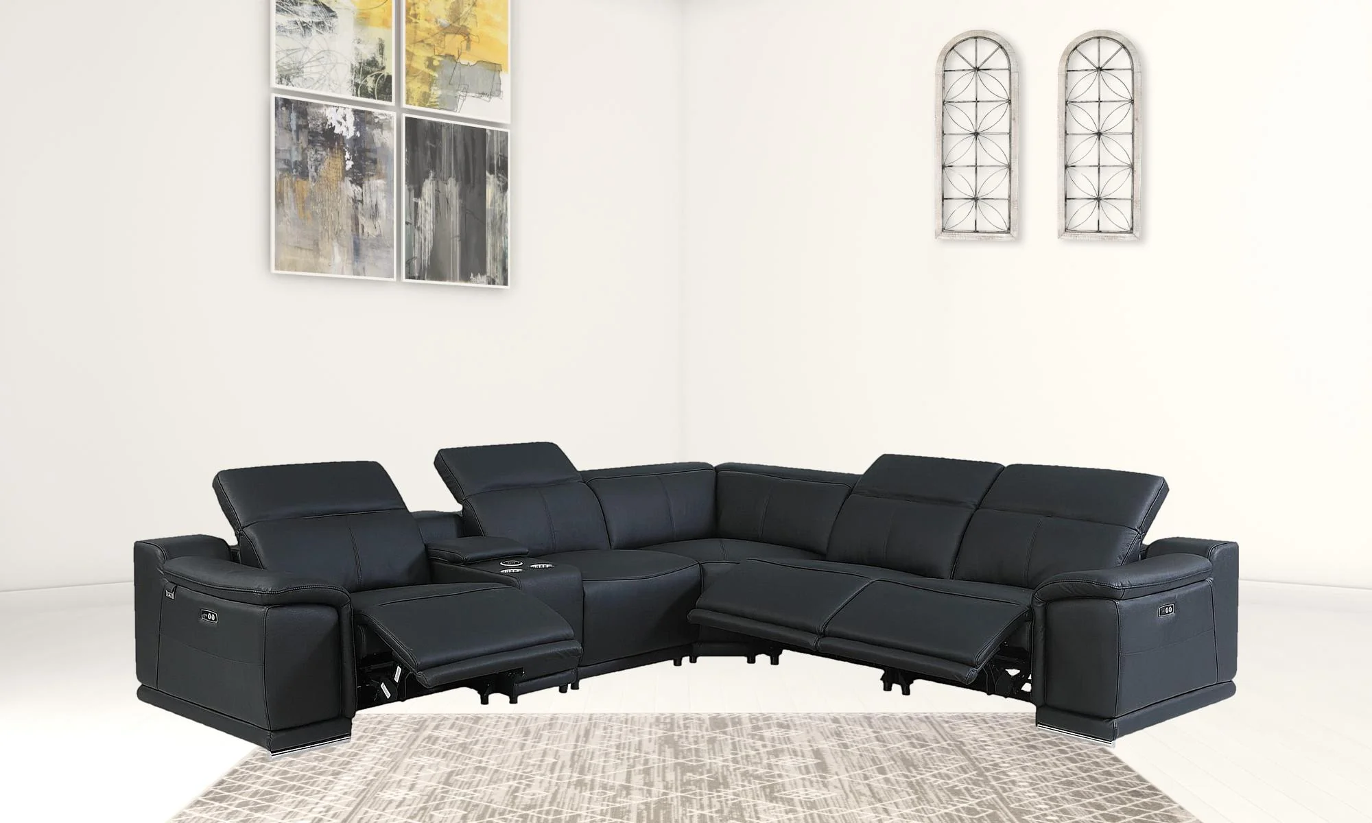 Black Italian Leather Power Reclining L Shaped Six Piece Corner Sectional With Console By Homeroots - Image 3