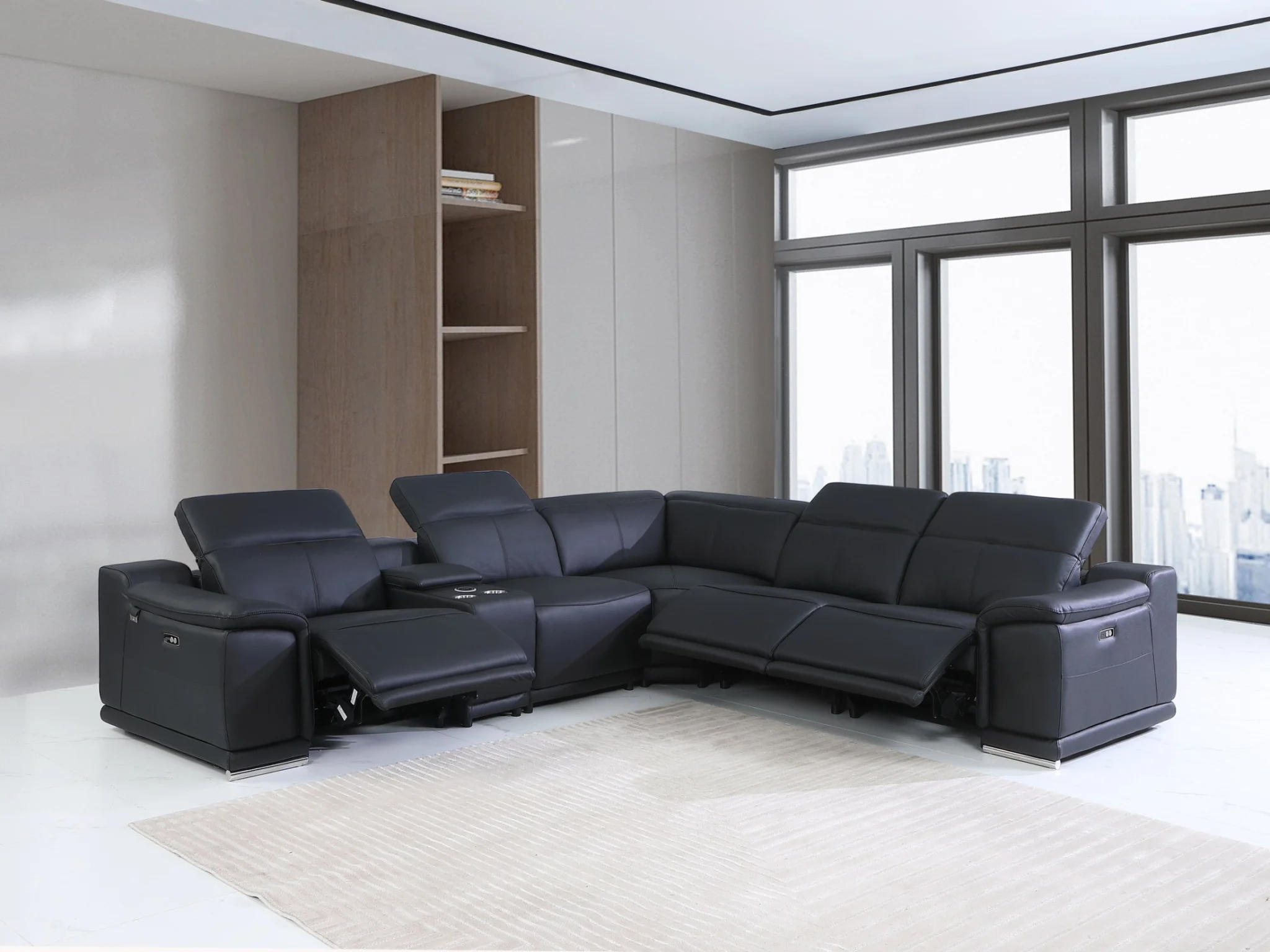 Black Italian Leather Power Reclining L Shaped Six Piece Corner Sectional With Console By Homeroots - Image 9