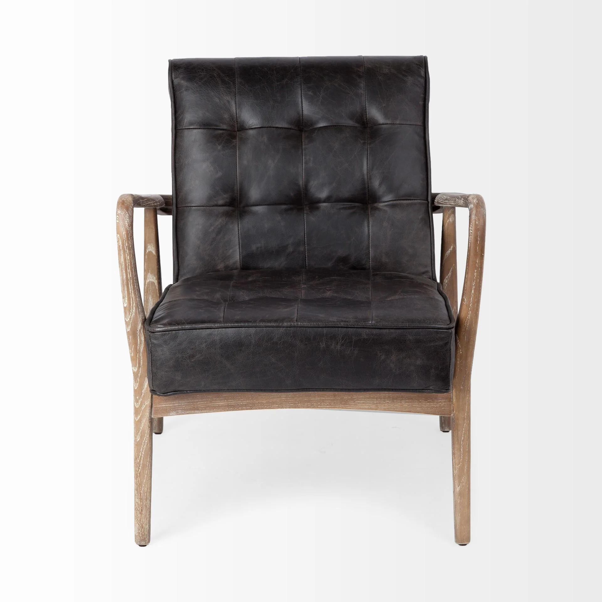 Black Leather Accent Chair with Wrapped Ash Wood Frame By Homeroots - Image 2