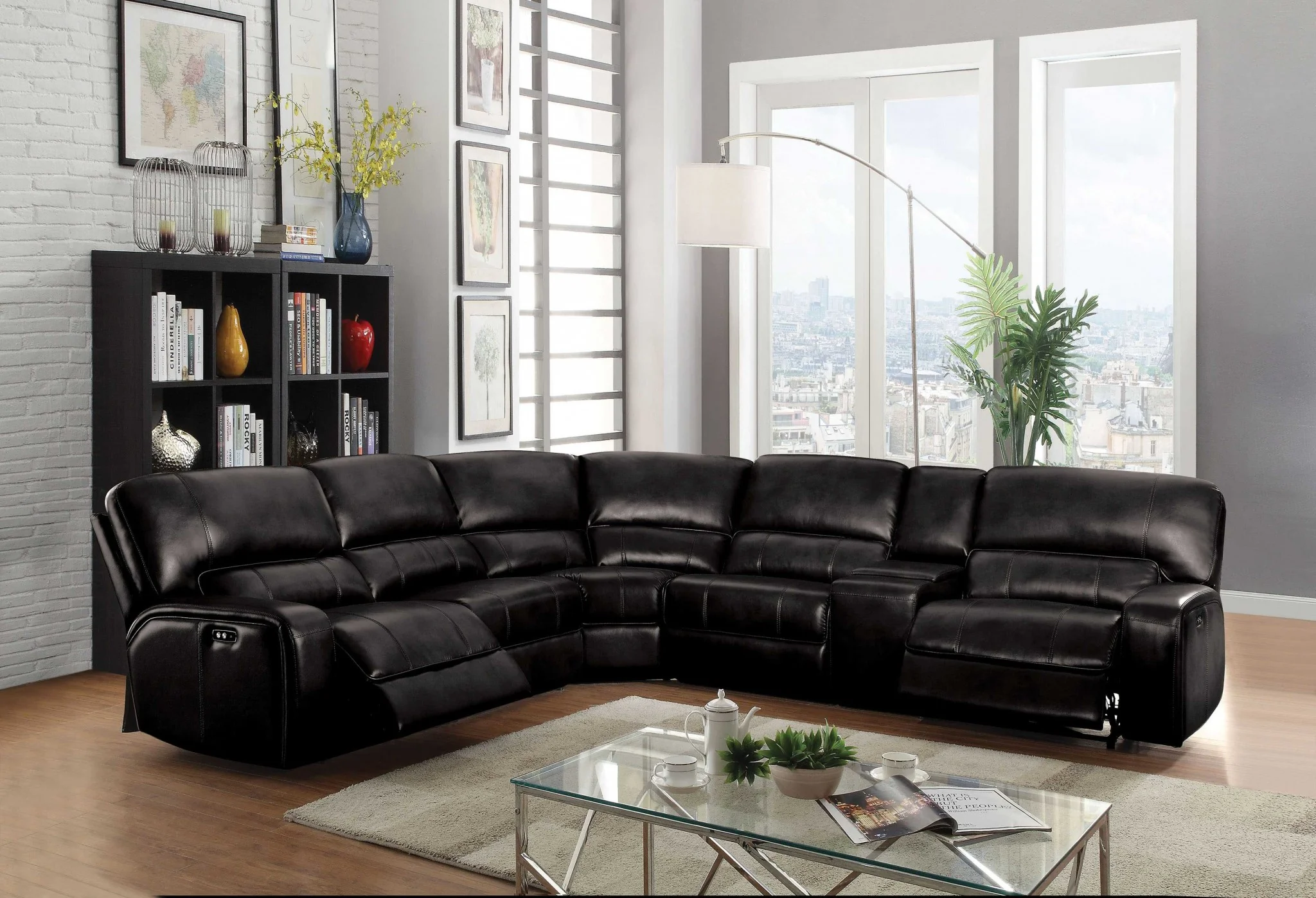 Black Leather-Aire Upholstery Metal Reclining Mechanism Sectional Sofa (Power MotionUSB Dock) By Homeroots - Image 2