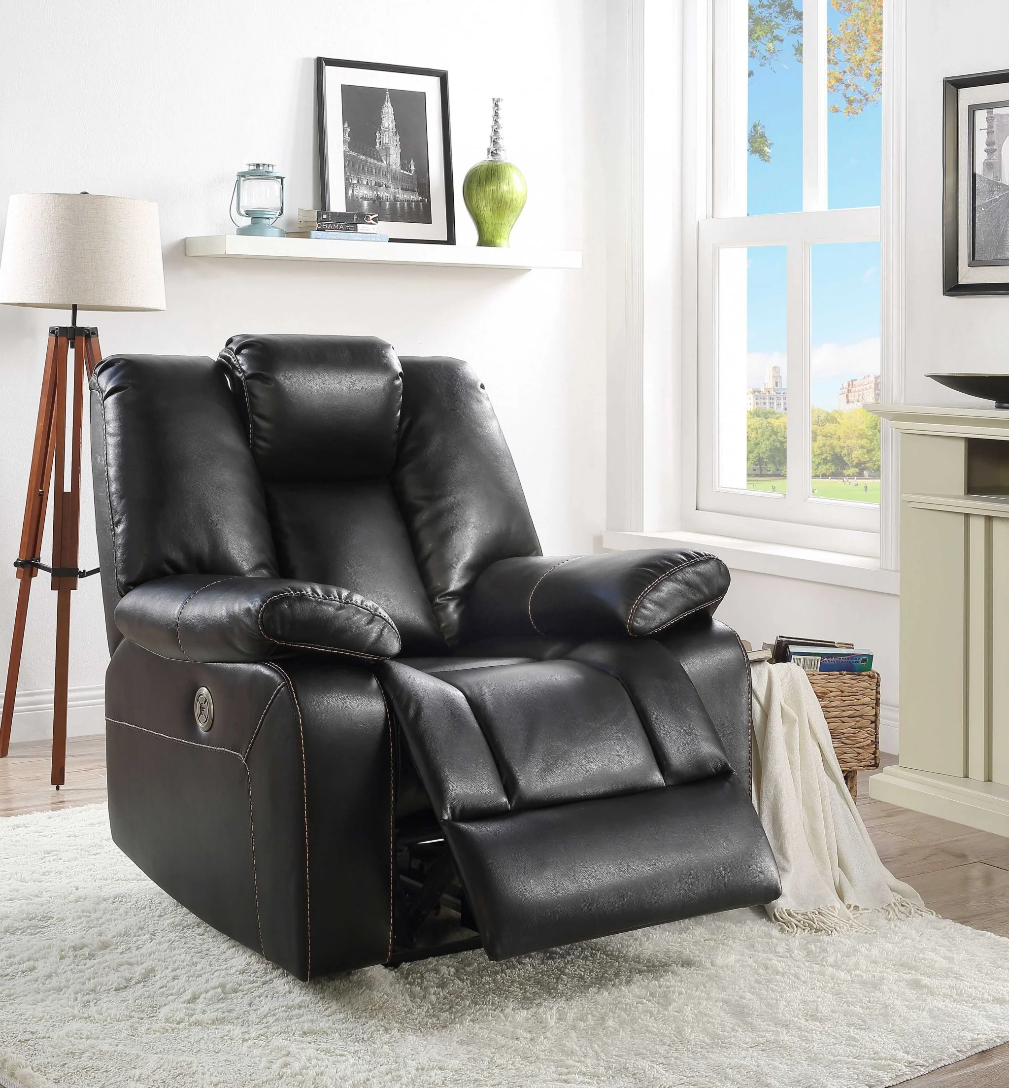 Black Leather-Aire Upholstery Recliner (Power Motion) By Homeroots - Image 2