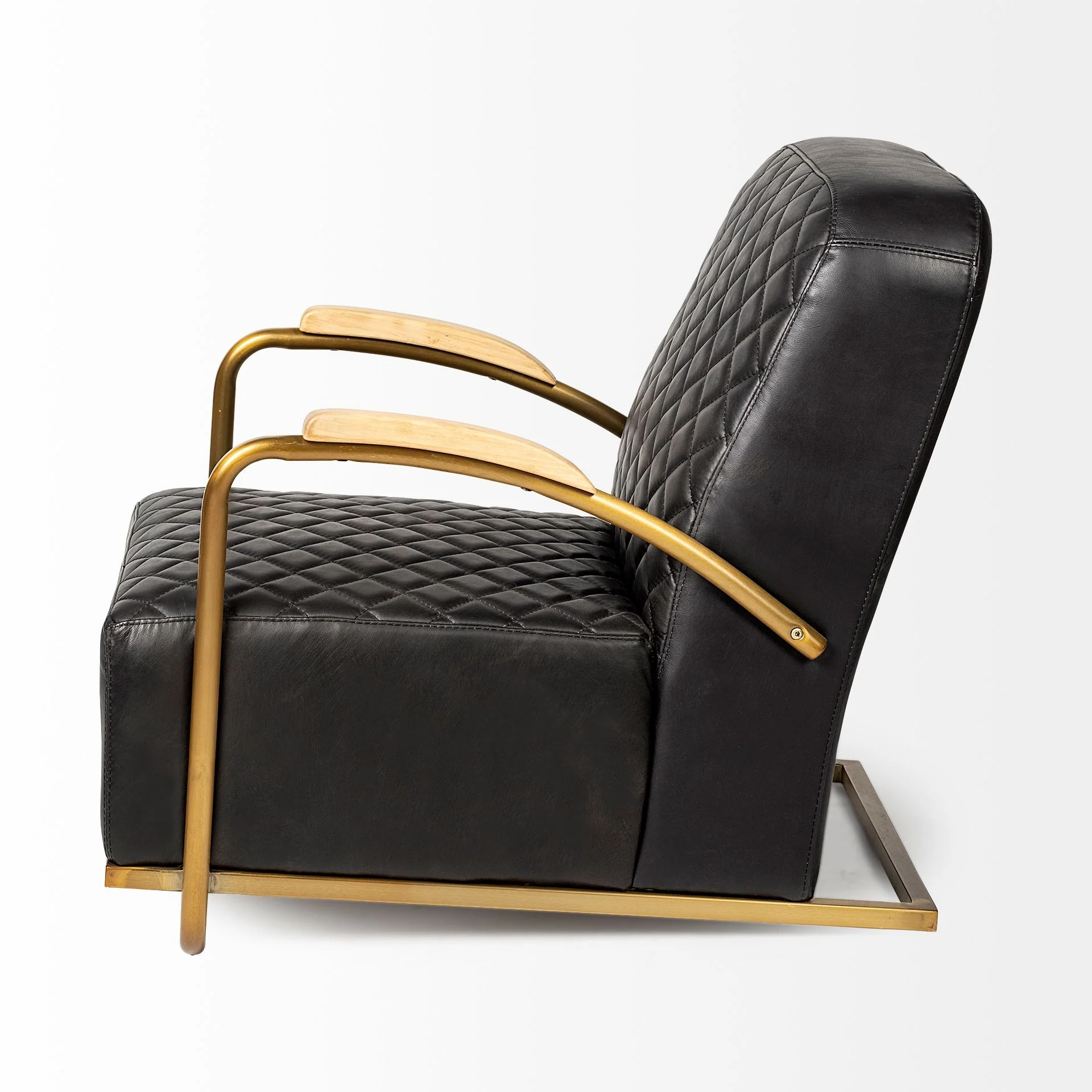 Black Leather Diamond Pattern Gold Club Chair By Homeroots - Image 3