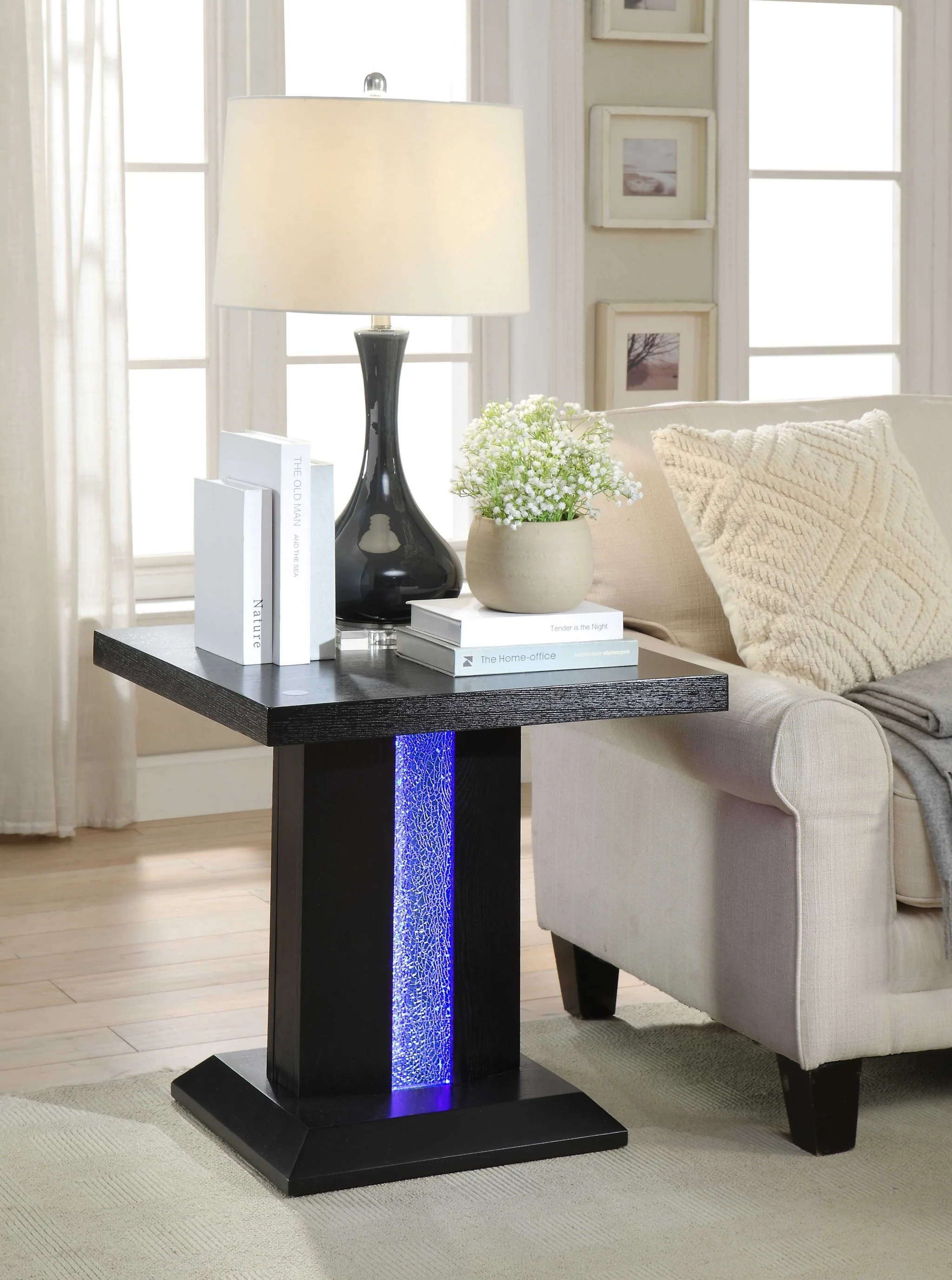 Black LED Wood Glass End Table By Homeroots - Image 3